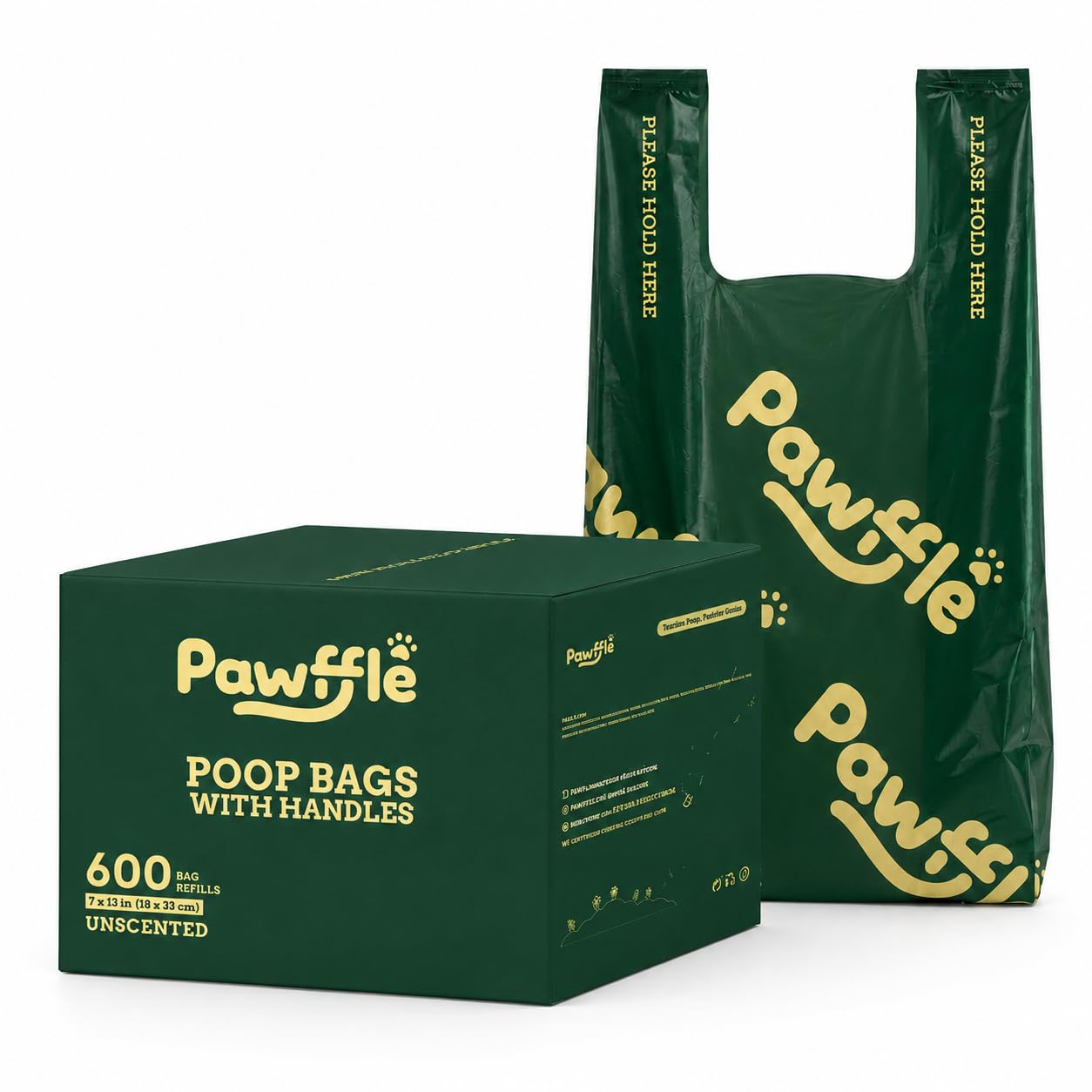 PAWFFLE Dog Poo Bags with Handles, 600 Count Recycled Waste Bags 18 x 33 cm, Extra Thick Leak-Proof Easy-Tie Handle, Pull-Out Design for Dog Walking, Travel & Outdoor Use