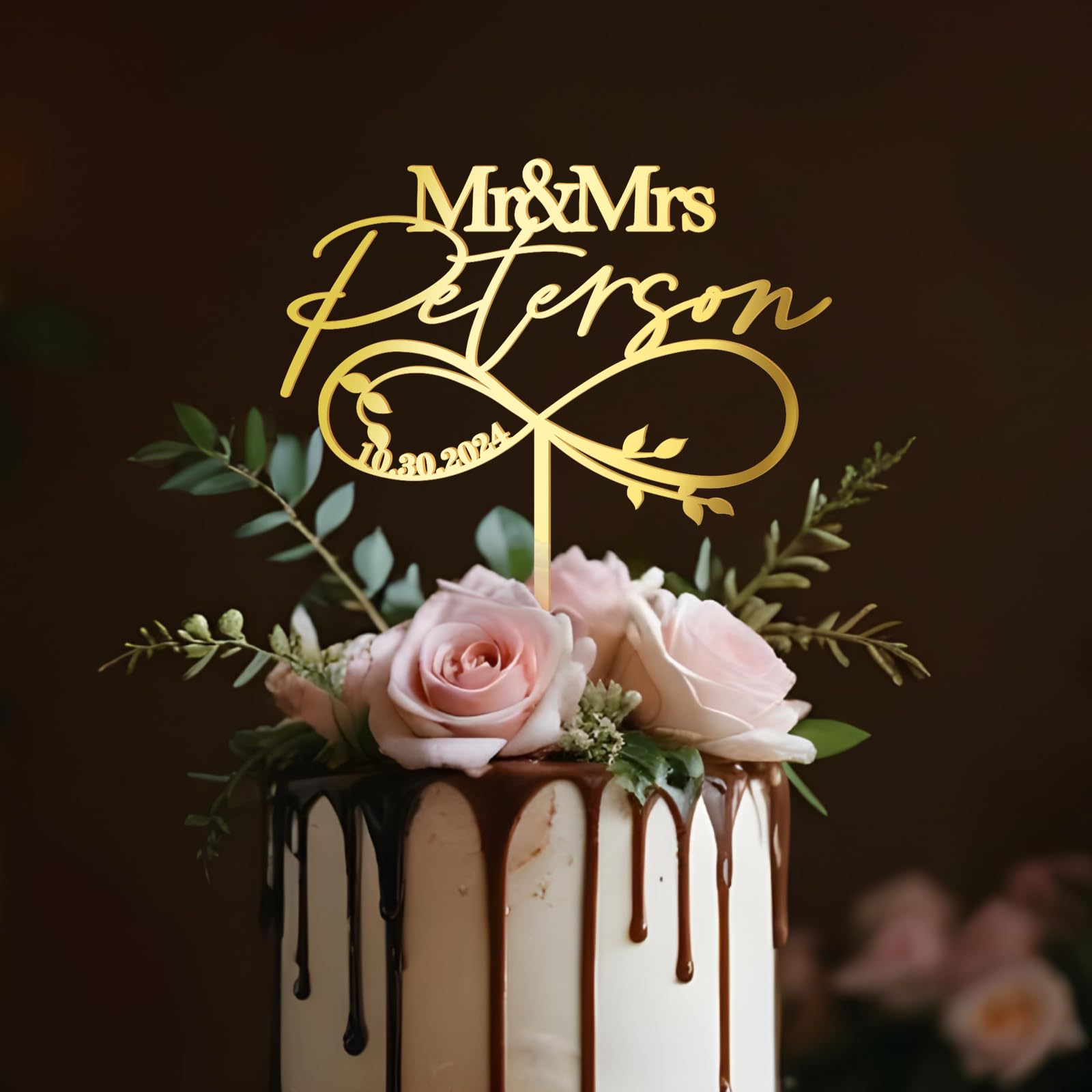 Party to Be Mr & Mrs Wedding Cake Topper Custom Last Name and Date Personalized Wedding Anniversary Cake Decoration Leaves Infinity in Acrylic โ image 1