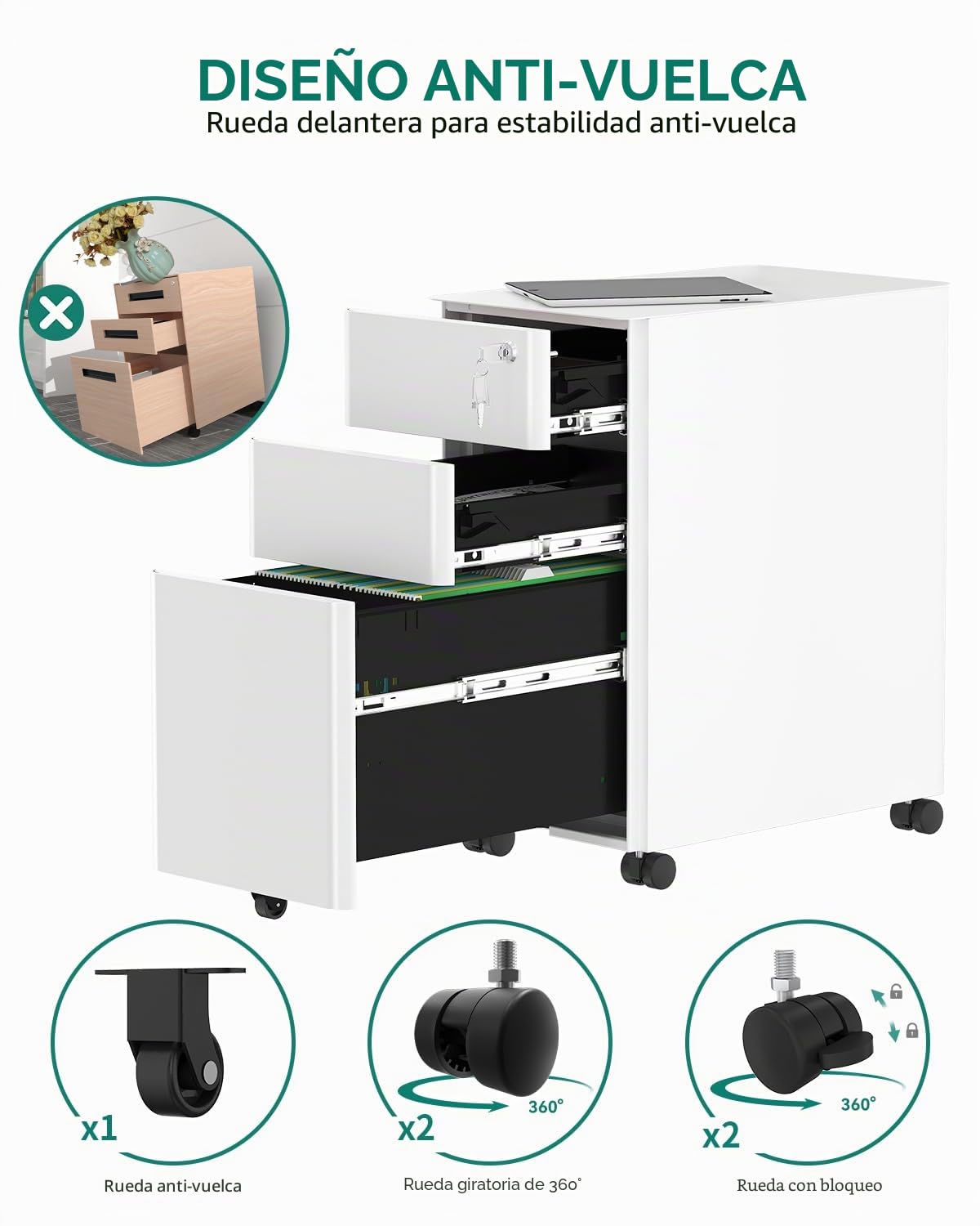 YITAHOME Cajonera de Oficina con 3 Cajones, Armario Archivador Metalico con Ruedas, Móvil Mueble Oficina Archivador con Cerradura y Llave para Carta/A4, Blanco, 46 x 30 x 59cm