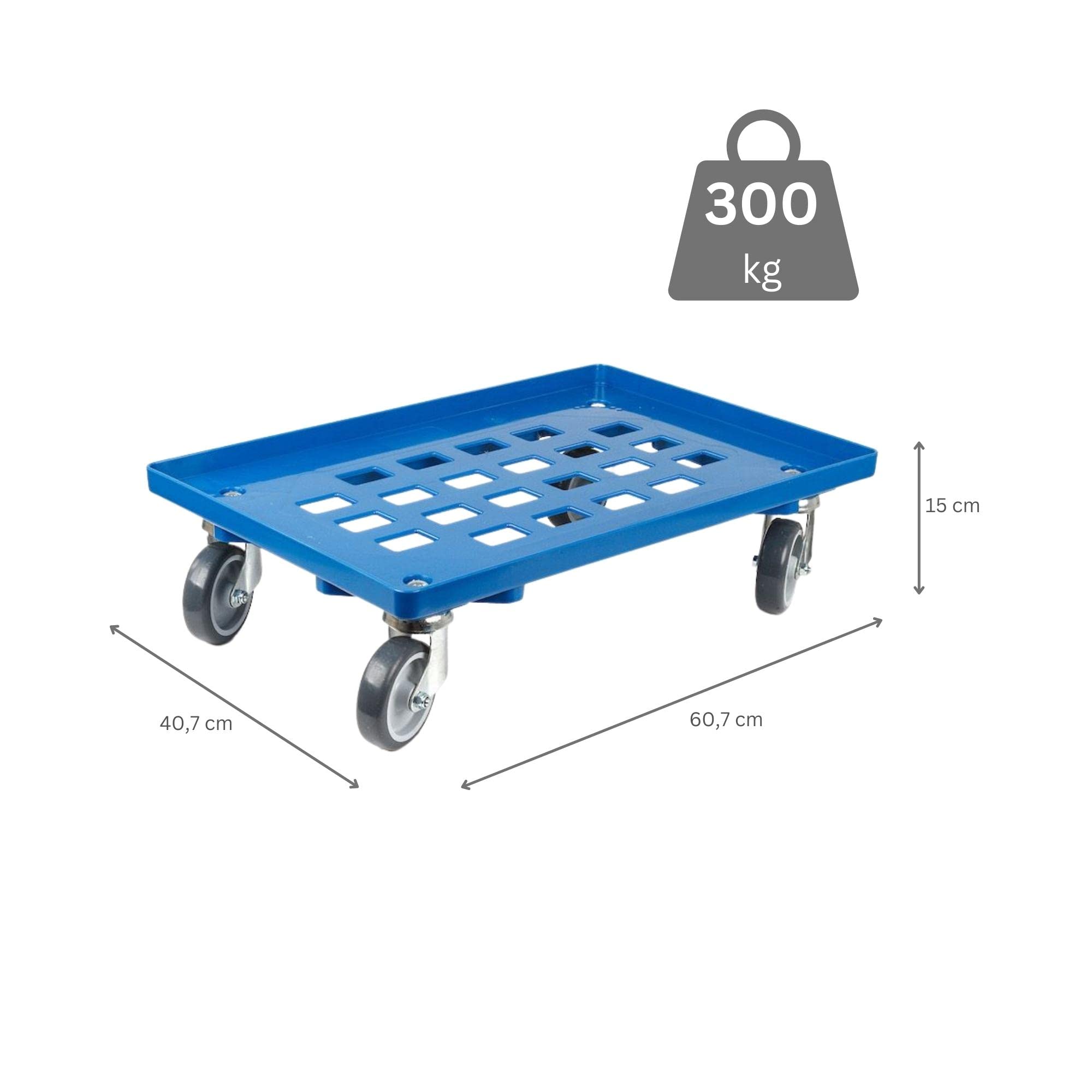 Transportroller für Euroboxen 60x40cm mit Gummiräder blau | Gitter/Rasterdeck | 2 Lenkrollen & 2 Bremsrollen | Traglast 300kg | Kistenroller Logistikroller Rollwagen Profi-Fahrgestell