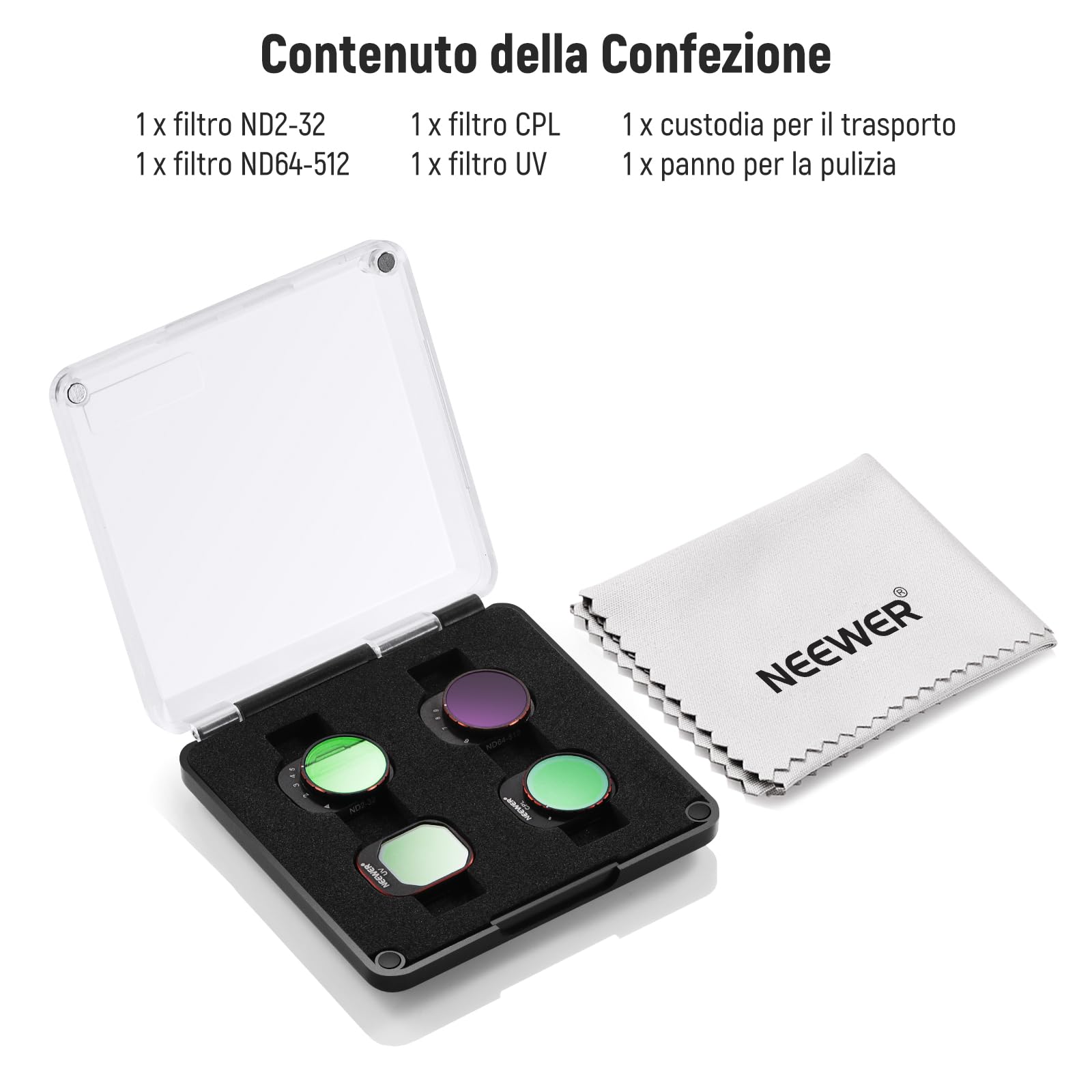 Neewer Set di filtri ND variabili compatibili con DJI Mini 4 Pro, confezione da 4 filtri ND2-ND32 (1-5 stop)/ND64-ND512 (6-9 stop) Limited VND/CPL/UV, vetro ottico HD multistrato/telaio in alluminio