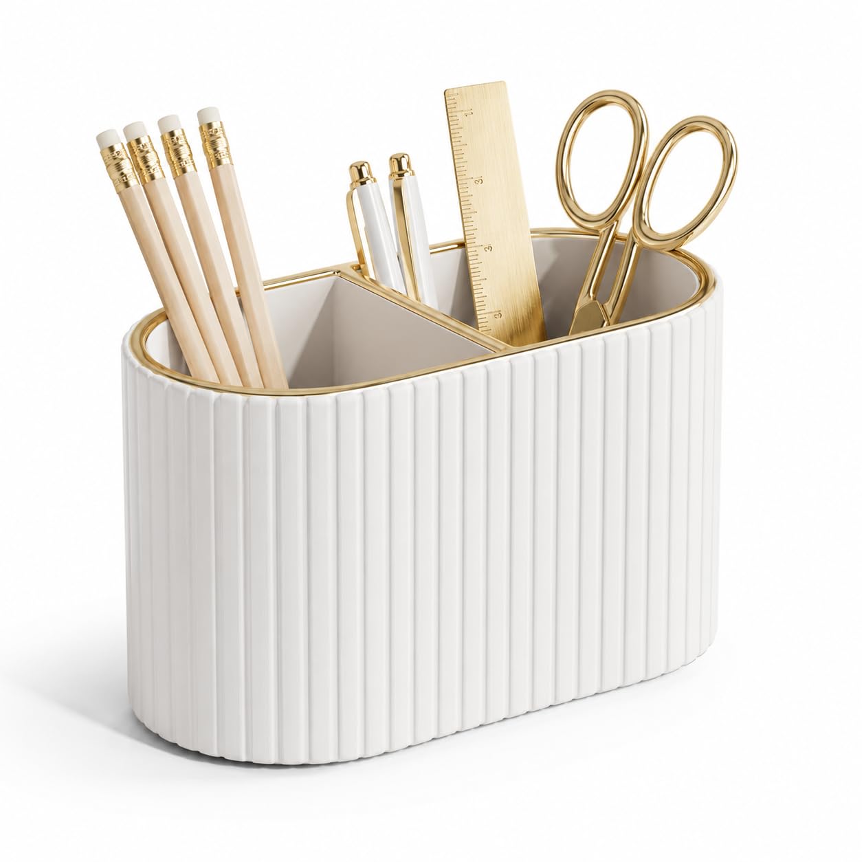 KINGFOM Pen Pot, Leather Pen Holder for Desk (Creamy White)
