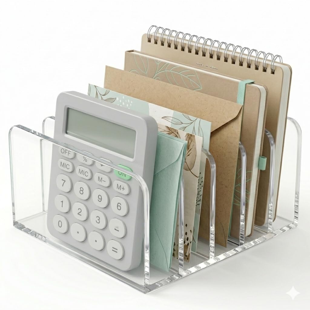 Ghshanog 1 Pack Acrylic File Holder For Desk,Clear Magazine Sorter,5 Vertical Compartment Desk Organizer, 12.8X12.7x5.5cm Desktop File Organiser Rack Bookshelf Filing Rack For Home And Office Storage(1 Pack)