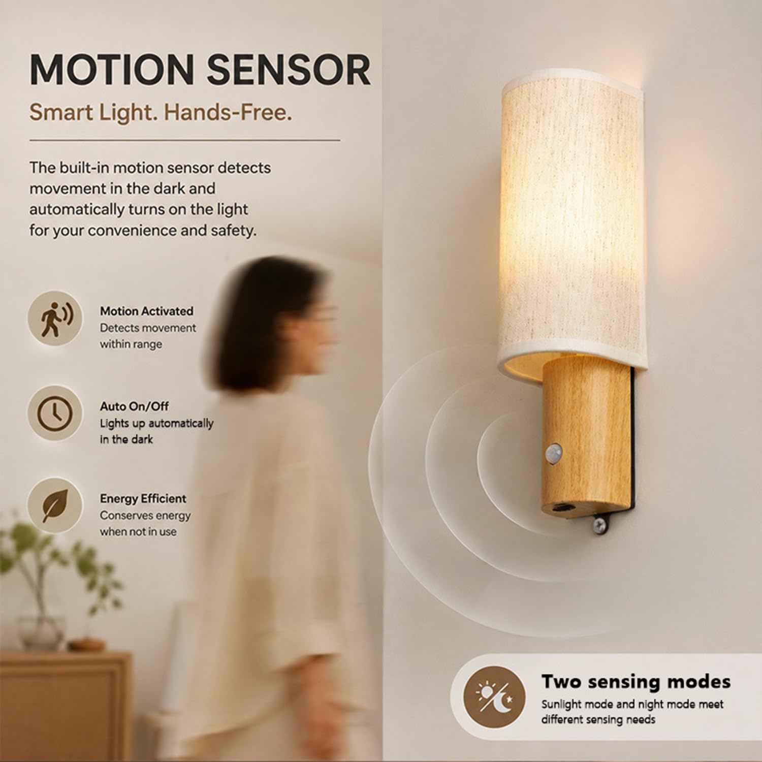 Aplique sin Conexión eléctrica de madera con LED Iluminación para Escaleras a Batería Inalámbrico con sensor de movimiento Recargable por USB 3600 mAh 4000K iluminación hacia arriba y hacia abajo