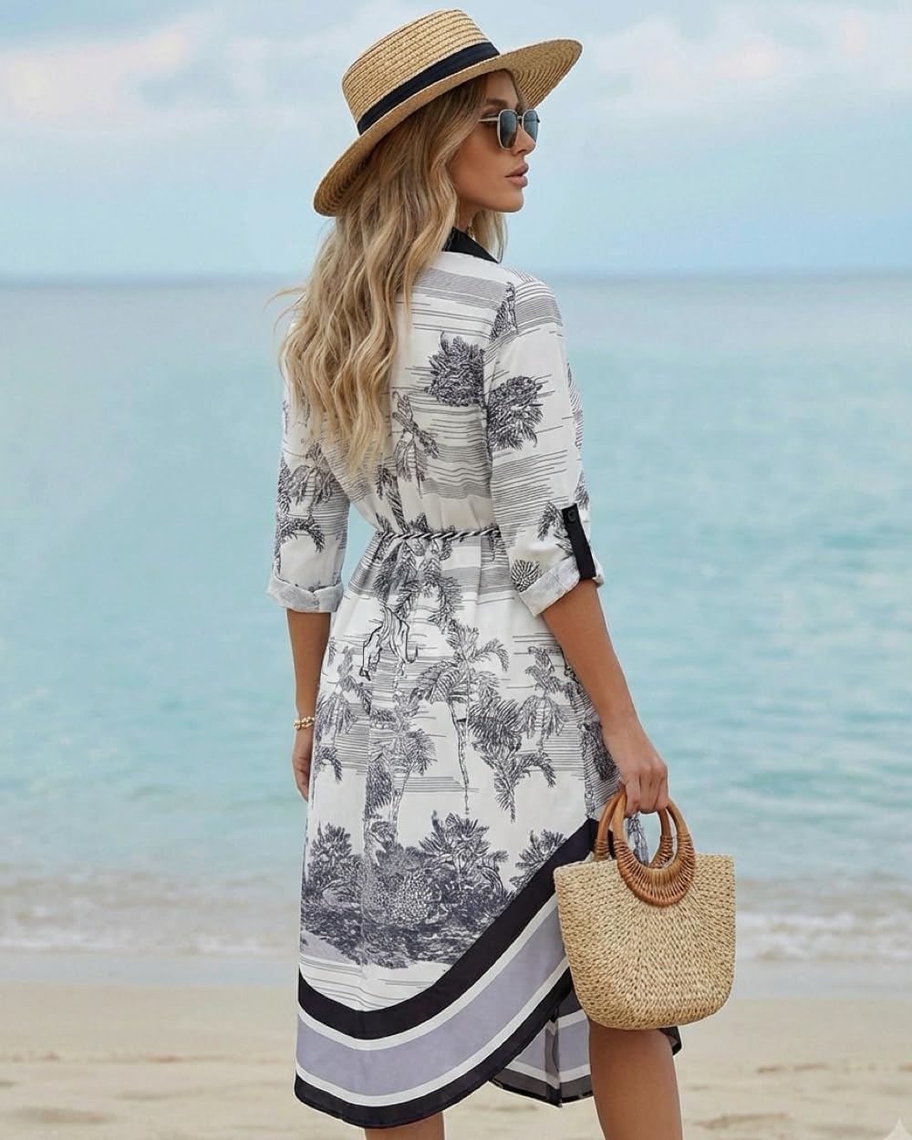 CHICME Womens Button Down Shirt Dress Long Sleeve Floral Print Midi Dress with Woven Belt Casual Business Work Tunic - Image 2