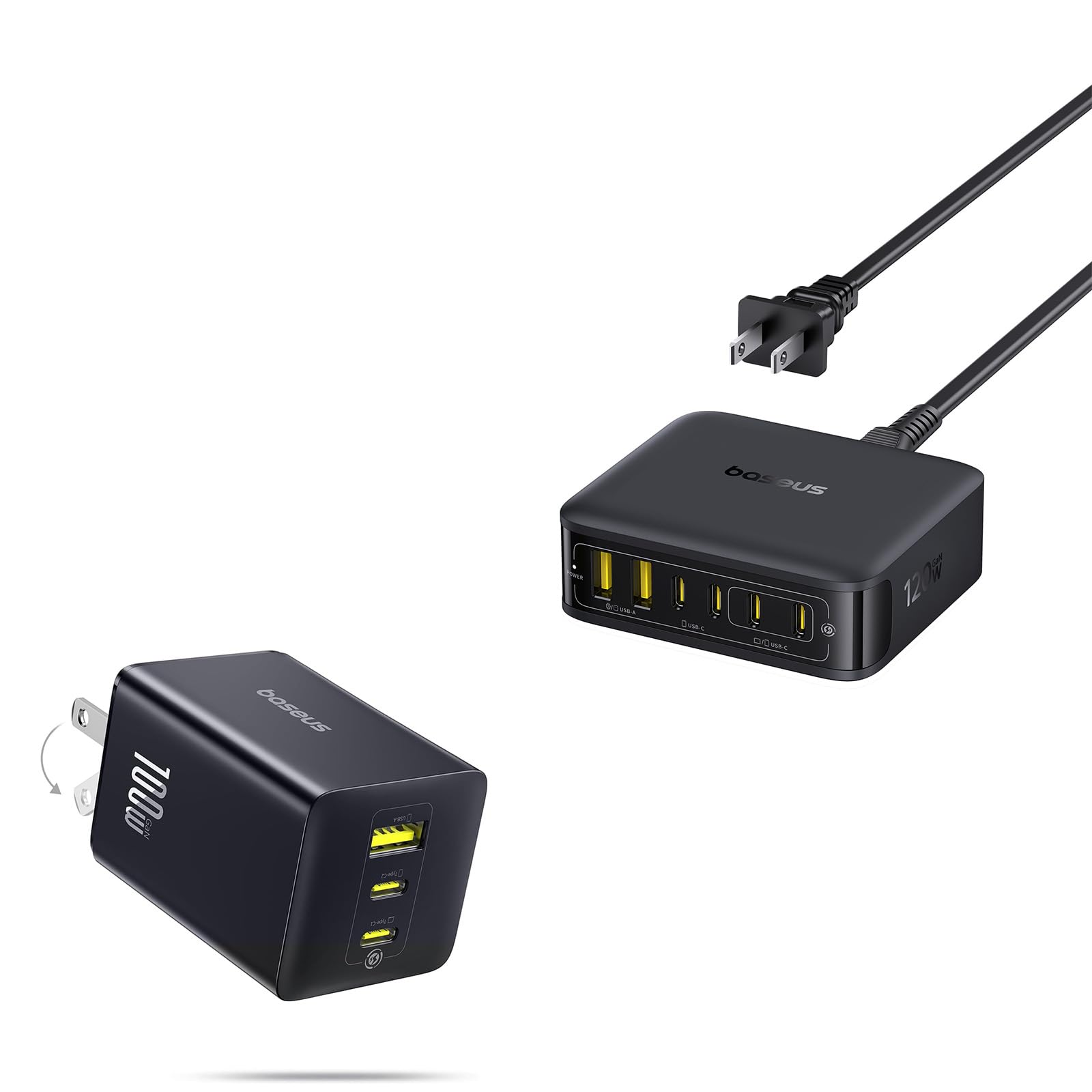 Baseus 100W USB C Charger Block, 3-Port Foldable Compact PPS Wall Charger and Baseus Charging Station 120W, 6-in-1 USB-C PD Fast Charging Desktop Charger