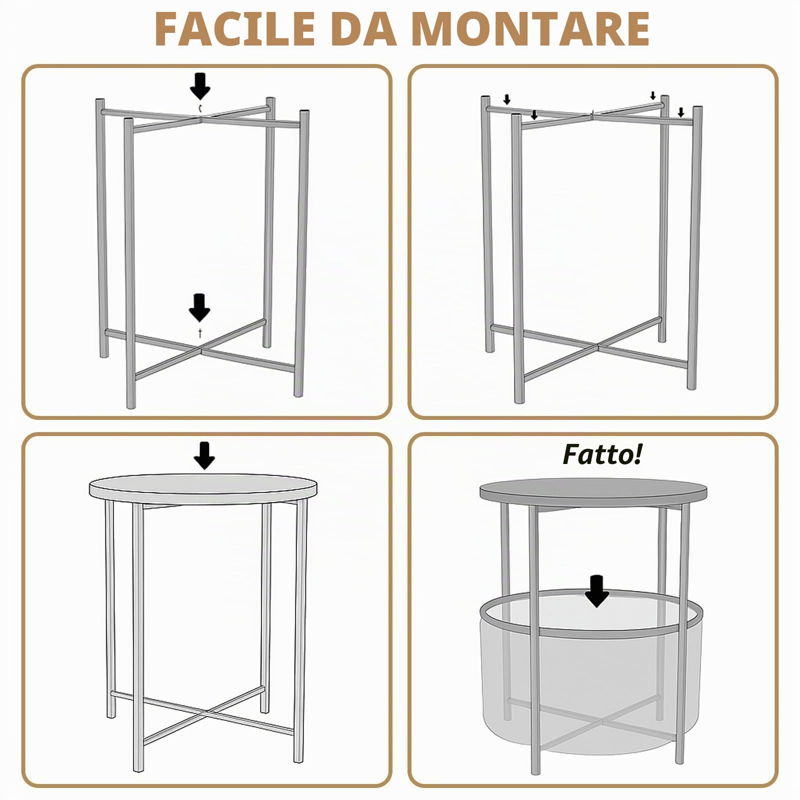 Rinkgarden Tavolino laterale rotondo con cesto in tessuto, moderno e robusto, tavolino terminale in metallo per soggiorno, camera da letto, comodino, cameretta, lavanderia o balcone (grigio + beige)