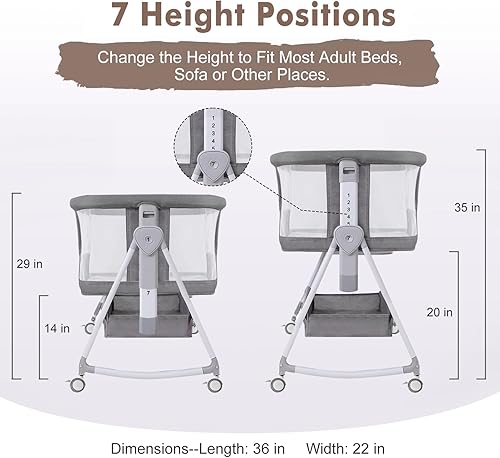 Miniatura 6 de Hkleae Cuna para bebé, cuna 3 en 1 con juguete musical, cuna de noche con cesta de almacenamiento y ruedas, cuna plegable fácil de ajustar de 7