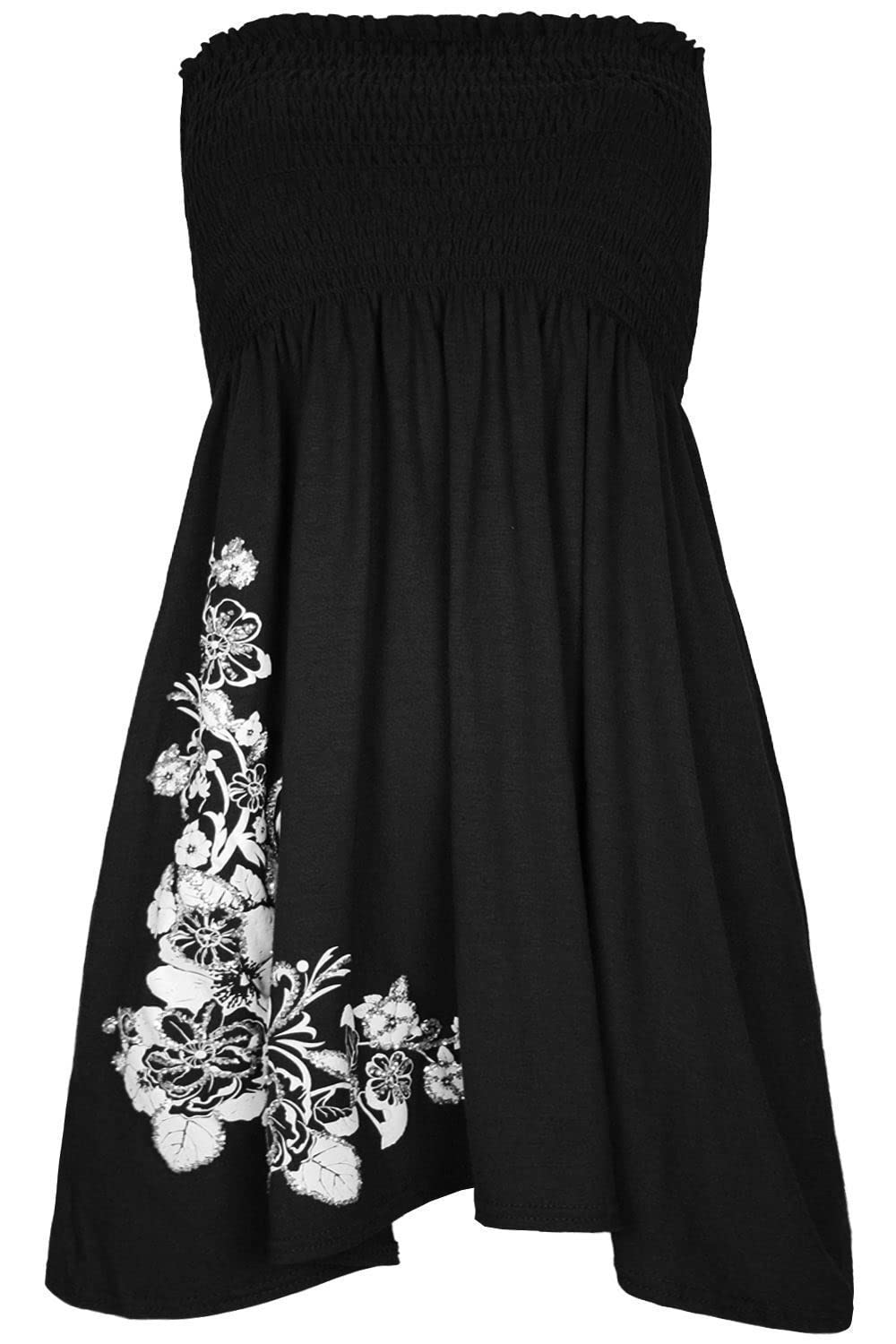 Women’s Strapless Printed Bandeau Top Sheering Ruched Boob Tube Vest Sleeveless Gathered Mini Dress Summer Beachwear - Black - UK 12-14