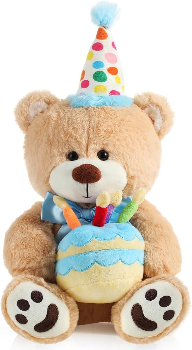 Kasyat Oso de peluche de 20.0 in con pastel de cumpleaños, adorable cumpleaños, animales de peluche, oso de peluche, peluche azul esponjoso para niñas, niños, decoraciones de fiesta, regalo