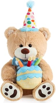 Kasyat 20 Inch Bear Plush with Birthday Cake Adorable Birthday Stuffed Animals Bear Plush Toy Fluffy Blue Plushie for Girls Boys Kids Party Decorations Gift