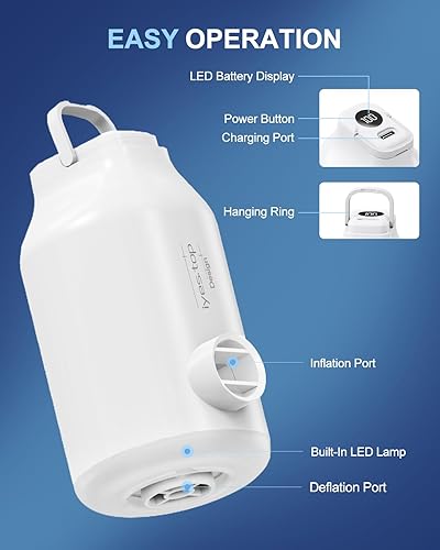 Miniatura 4 de Bomba de aire portátil con batería para inflables, 5 boquillas, velocidad del viento de 350 lmin y luz de campamento, inflado rápido y desinflado,