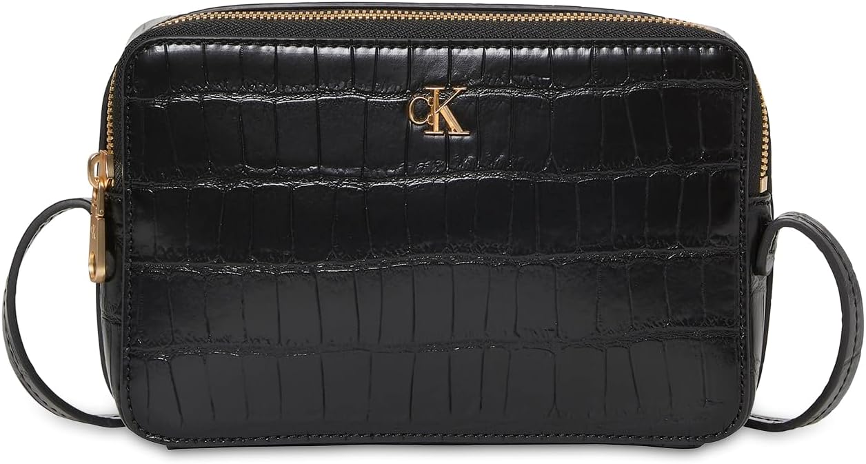 Calvin Klein Kroko Desenli Metal Amblemli Kamera Omuz Çanta, Tek Ebat, LV04F3285G, BLACK/ANTIQUE LIGHT GOLD, Kadın