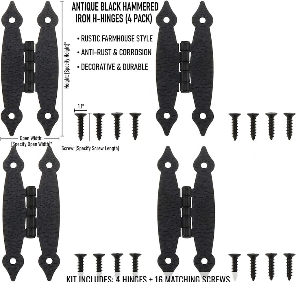 Black H Hinges, 3.5 Inch Antique Style Flat Mount, H Shape Cabinet Door Hardware for Jewelry Box, Cabinets and Wood Doors, 4 Pack