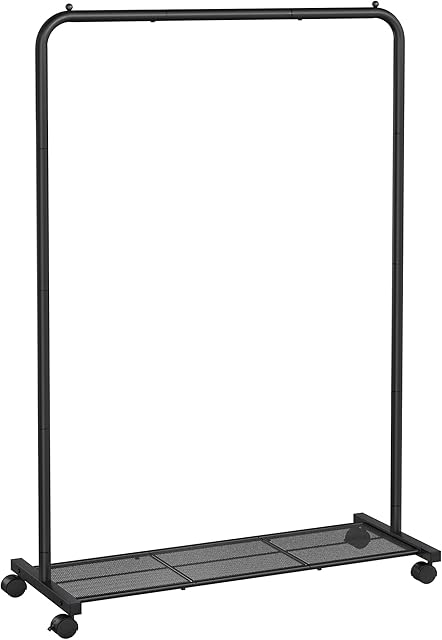 SONGMICS Clothes Rack on Wheels, Single-Rail Metal Garment Rack, with Storage Shelf, Top Rail Holds up to 40 kg, Black HSR25BK