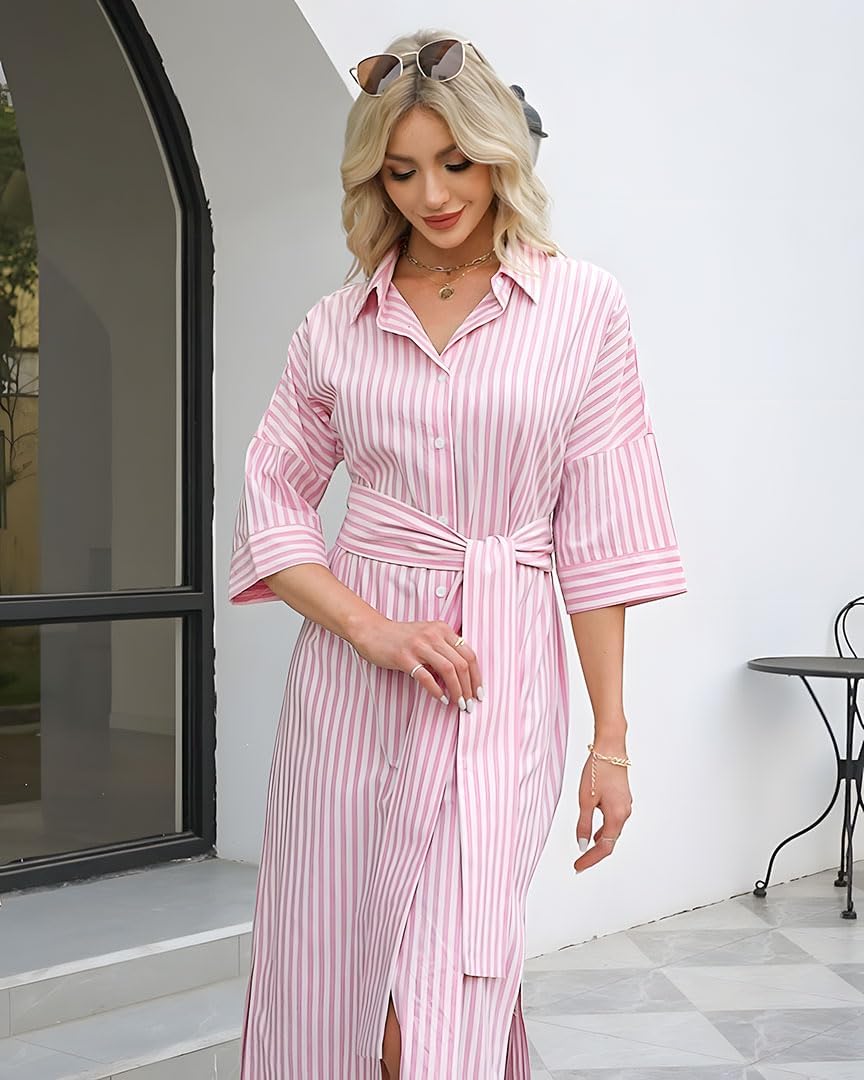 Womens Shirt Dresses Striped Lapel 3/4 Sleeve Maxi Dress Button Down Split Belted - Image 3