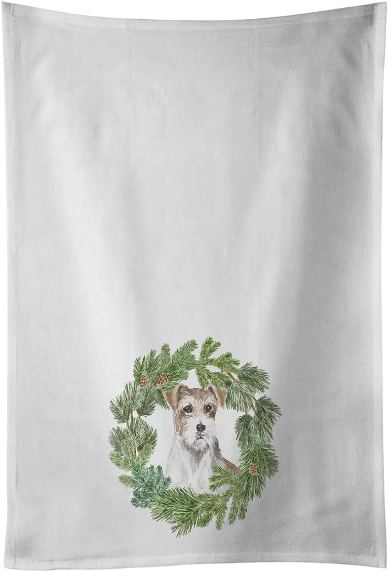 Caroline's Treasures CK8863WTKT Jack Russell Terrier Puppy Chestnut and White Christmas Wreath White Kitchen Towel Set of 2 Dish Towels Decorative Bathroom Hand Towel for Hand, Face, Hair, Yoga, Tea,
