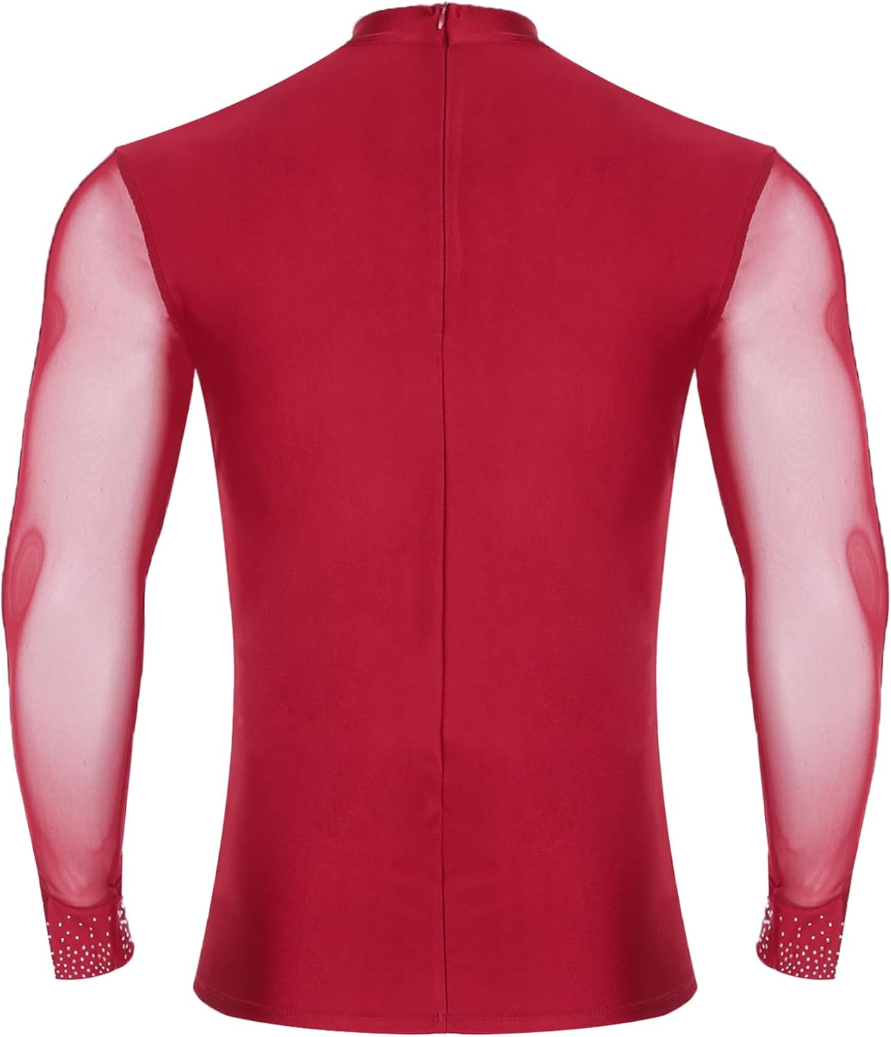 Jan Jean Men Jazz Latin Ballroom Dance Shirts Shiny Rhinestones Sheer Mesh Patchwork Long Sleeve Dance Top
