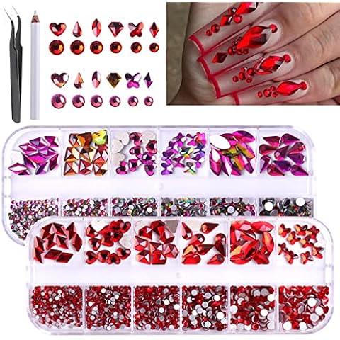 EBANKU 24 Grid Crystal Nail Rhinestones, Flatback Glass Gems Stones Multi Shapes Sizes Rhinestones Nail Charms for Nail DIY Crafts Clothes Shoes Jewelry (Purple B+Red) Cover