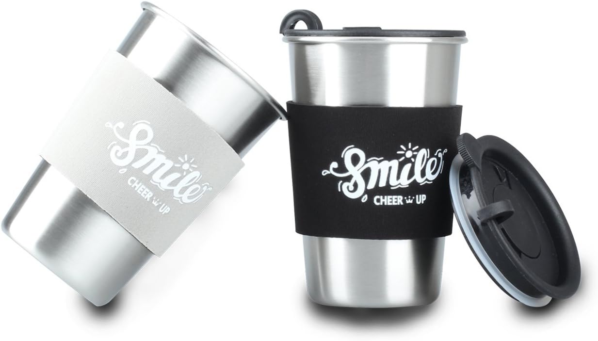Stainless Steel Kid Cup with Lids and Sleeves 16 oz Metal Drinking Tumbler for Toddler and Adult Pack of 2