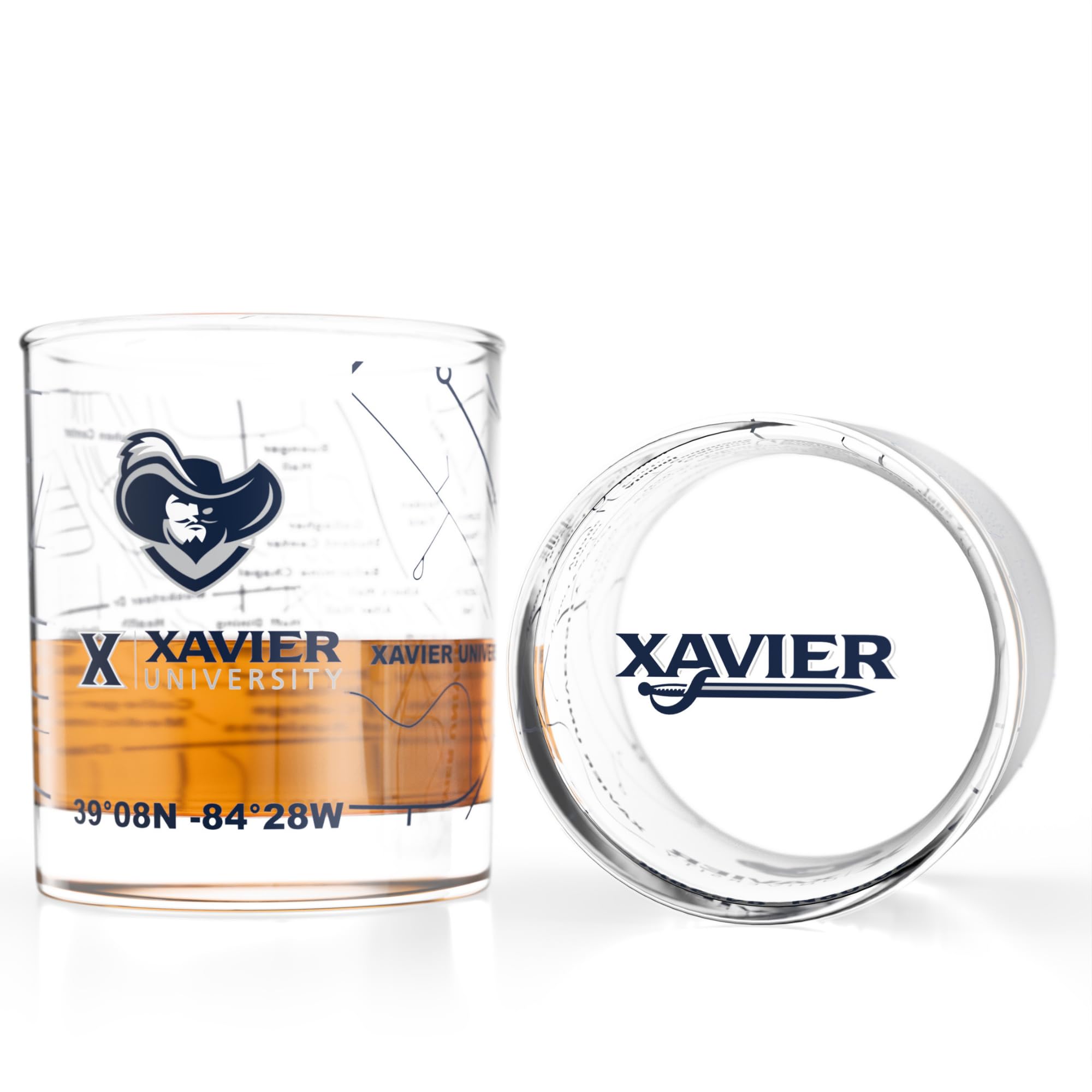 Greenline Goods Xavier University Musketeers Whiskey Glasses Set of 2, 10 oz Rocks Glasses with Full-Color Logo &amp; Campus Map – Officially Licensed Bourbon Glass Gift for Alumni &amp; Fans
