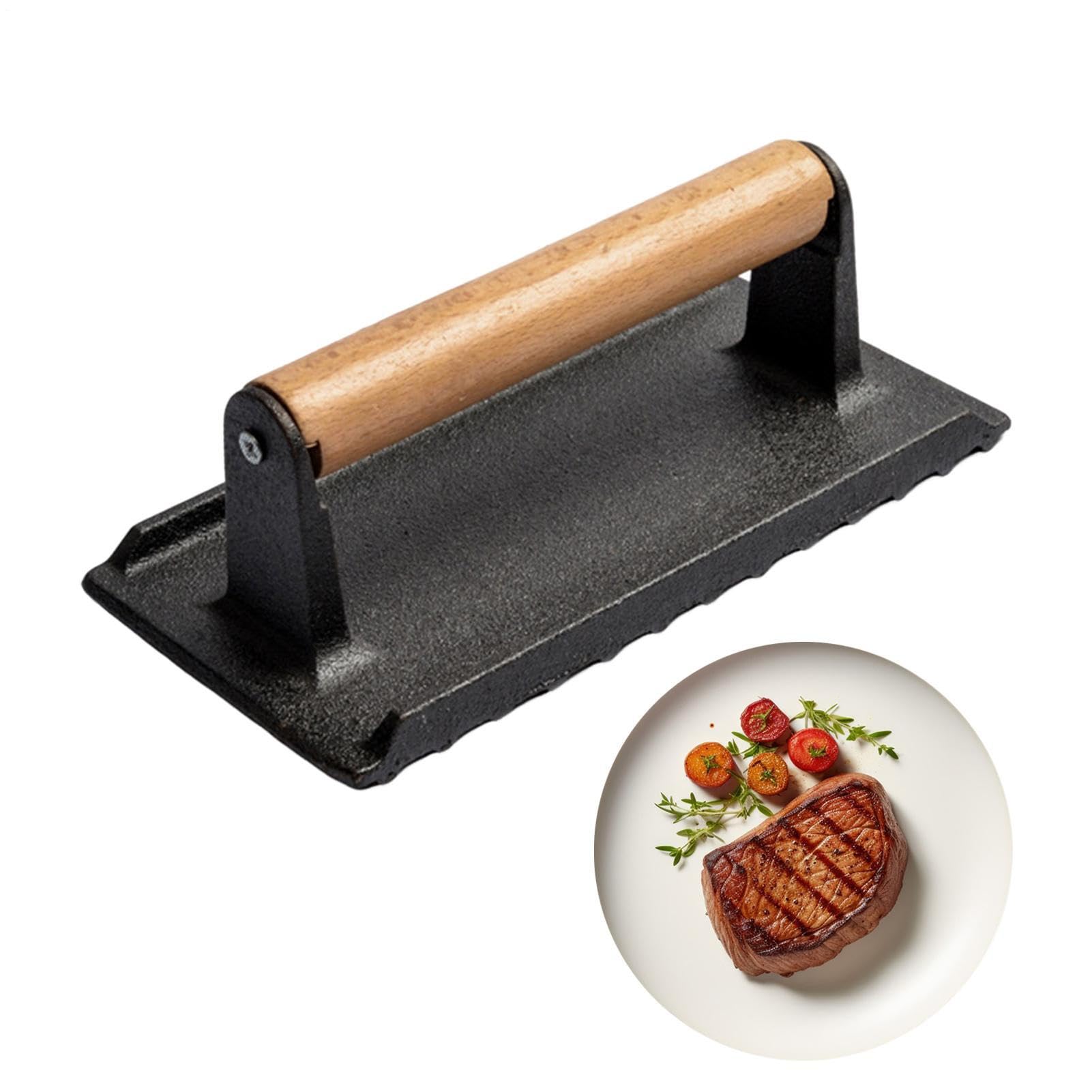 Presiona de parrilla de cocción pesada: peso duradero de carne de hierro fundido con mango de madera | Bistec resistente al calor para sándwiches de barbacoa panqueques hamburguesas salchichas de