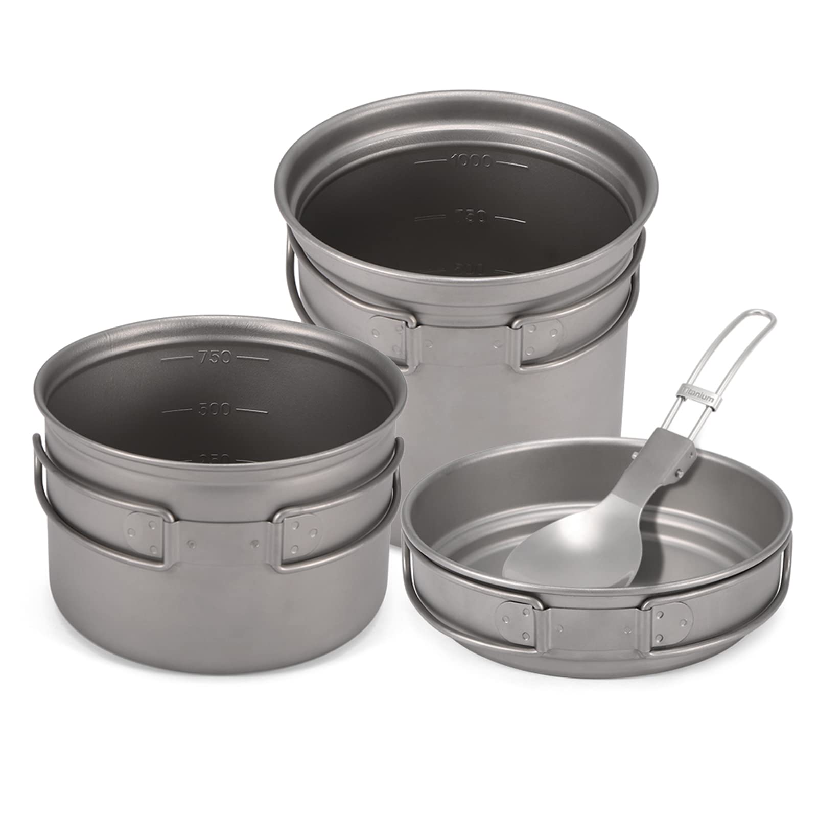 Cocoarm Camping-Titan-Kochgeschirr-Set, Leichtes Titan-Camping-Kochgeschirr, 1000 Ml Topf, 750 Ml Topf, Pfanne, Löffel für Outdoor-Wanderungen, Rucksackreisen