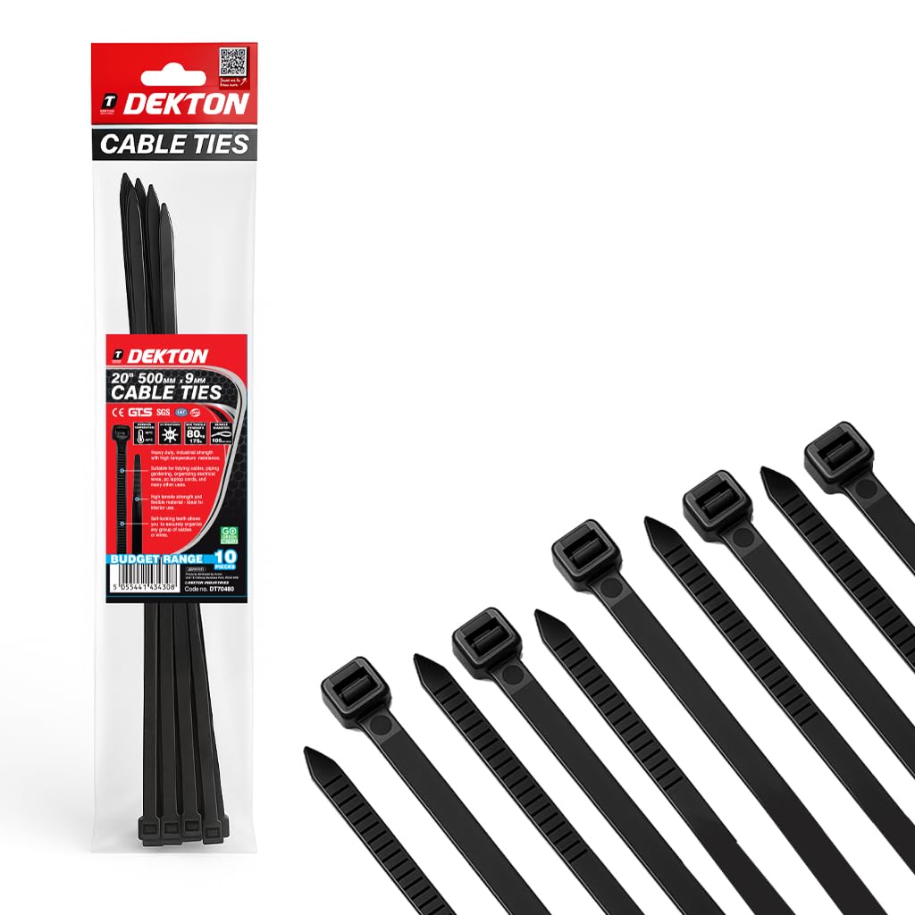 Dekton 10PC Cable Tie Set - 9MM X 500MM Black | Heavy Duty Industrial Strength | High Temperature Resistant | Self-Locking Teeth | Ideal for Cables, Piping, Gardening & Wires | Indoor & Outdoor Use