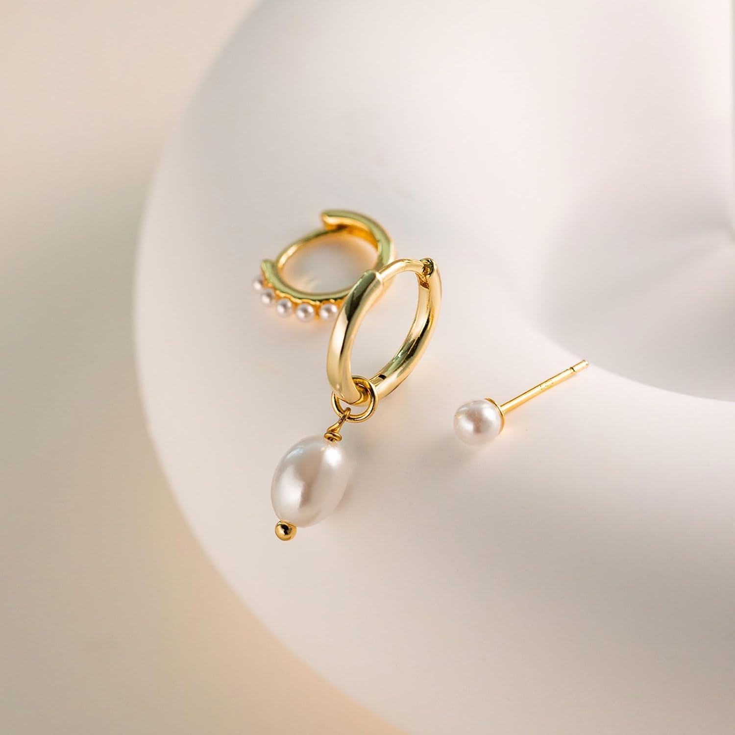 VRIUA 3 Pairs Gold Earrings Set - 14K Gold Plated Stacks Earring Bow Pearl Butterfly Heart Clover Star Moon Diamond Starburst Huggie Hoop Earrings for Women Trendy Jewelry - Image 7