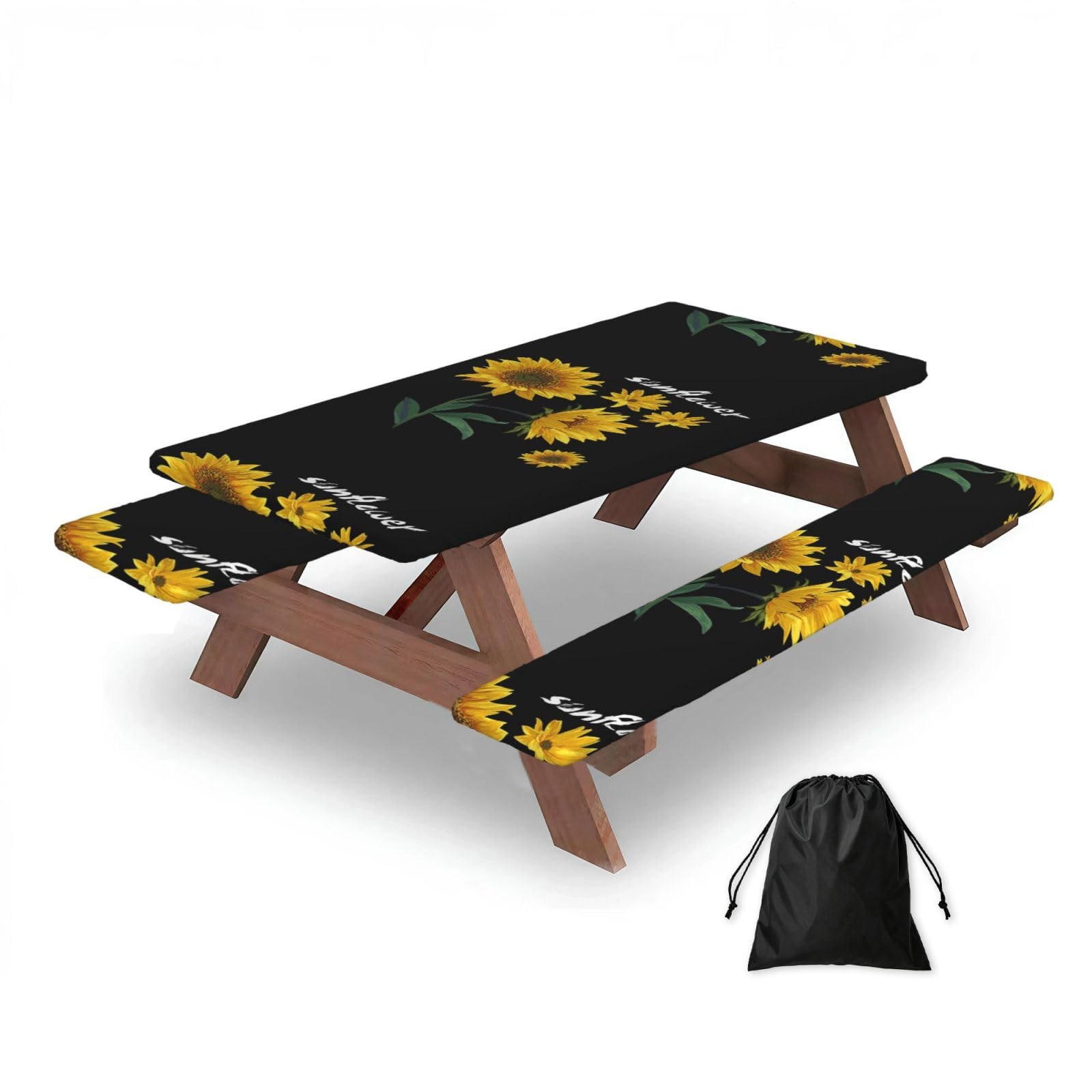 Sunflower Print, Picnic Table Cover With Bench Covers -Waterproof Elastic Fitted Tablecloth for Garden Camping Patio 76x152cm