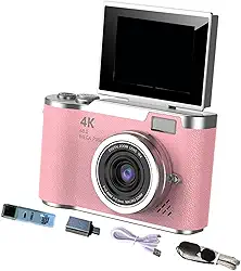KiBcsLic Câmera digital com digital de 8x, tela de 2,4' 720p/1080p, câmera de vlog, tela flip de 180° para iniciantes e adultos, presente de ação de, Rosa
