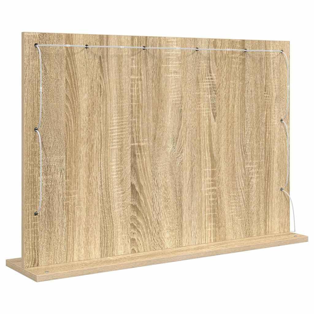 Lustro umywalkowe LED z ciepłym białym światłem, prostokątne, dąb Sonoma, 80 x 55 x 18 cm, fornirowane drewno i szkło, do łazienki, sypialni, korytarza, energooszczędne, nowoczesne wzornictwo