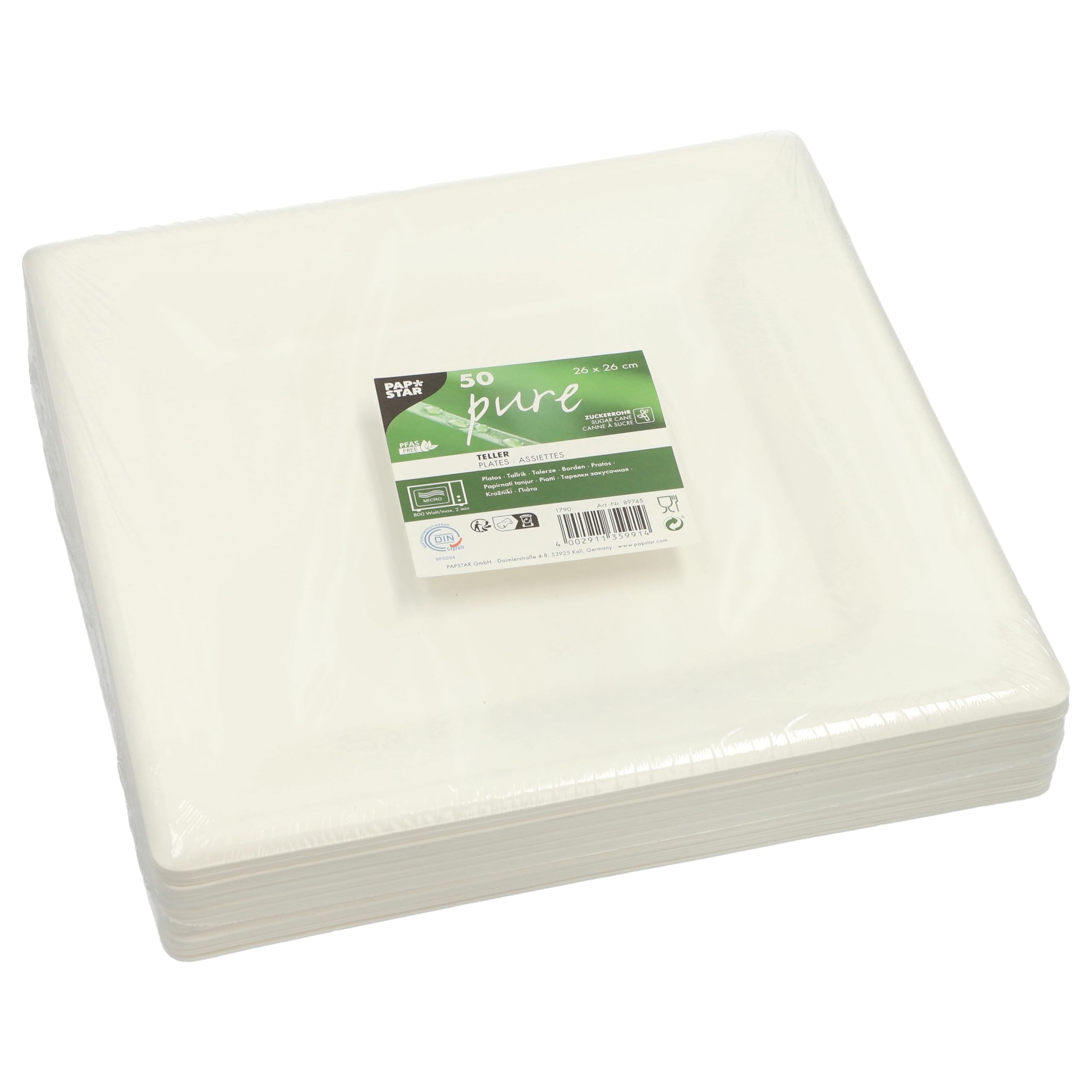PAPSTAR 50 Plates Sugar Cane Pure Square 26 cm x 26 cm White
