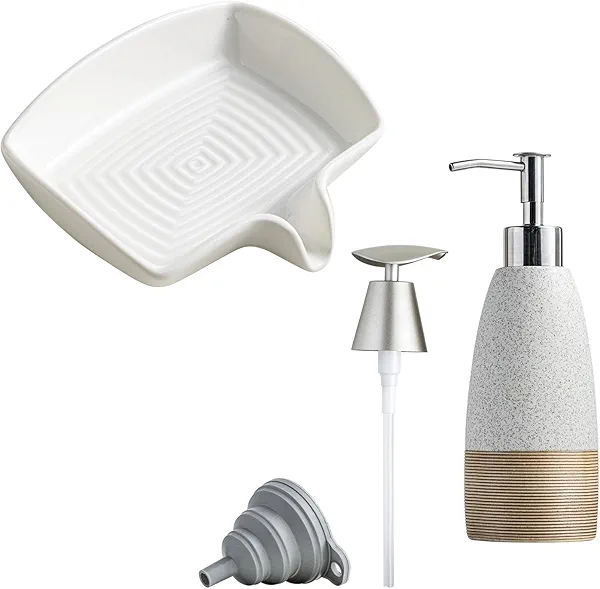 Soap Dish with Waterfall Design & Ceramic Dish Soap Dispenser with Plastic Pump & Stainless Steel Pump