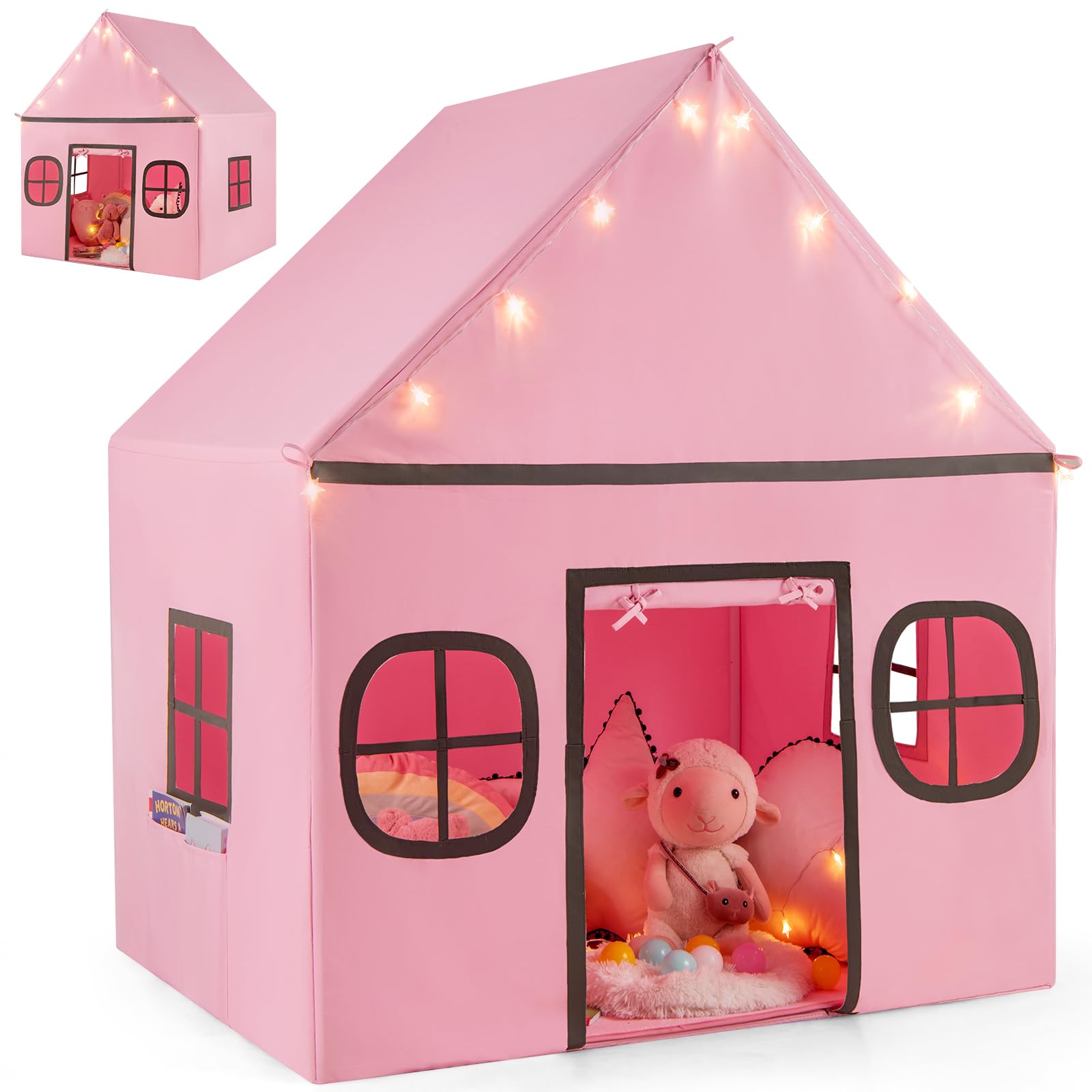 HOMASIS Tienda de Campaña Infantil con Luces de Estrellas y Alfombra Acolchada, Tipi para Niños con 4 Ventanas y Cortina 3+ Años (Rosa + Gris)