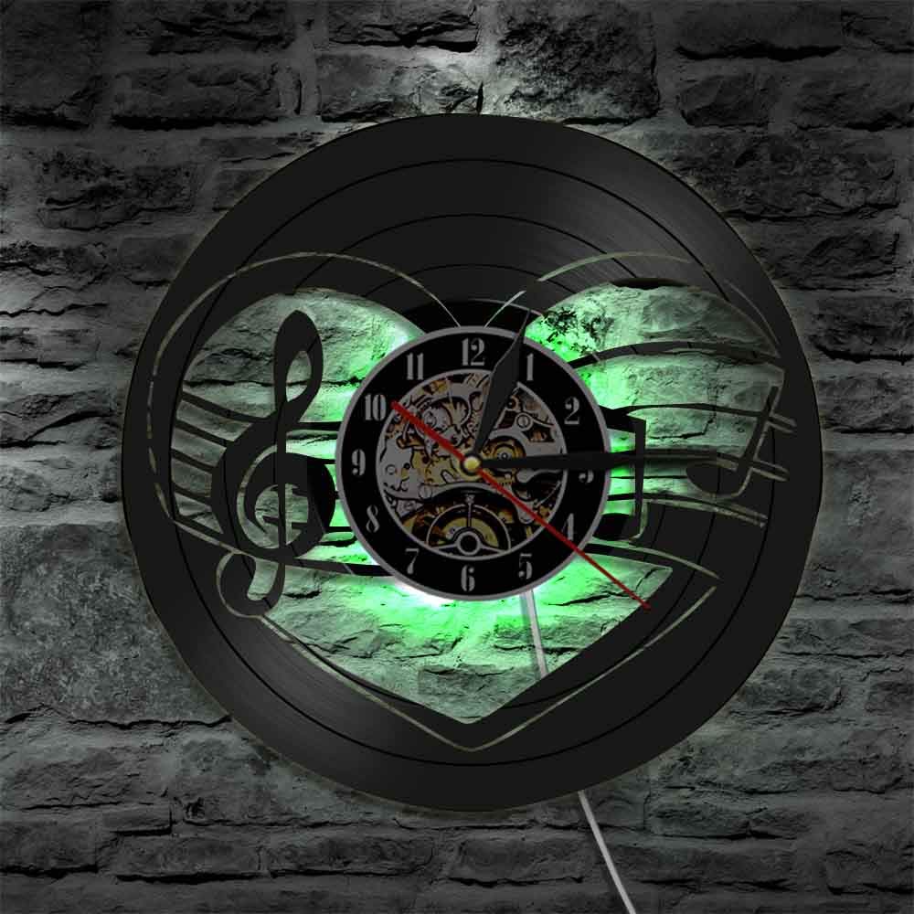 Note musicali Cuore Orologio con disco in vinile Chiave di violino Cuore Orologio da parete Musica Studio Decorazione della parete della stanza Musicisti Regalo di San Valentino Regali per la festa