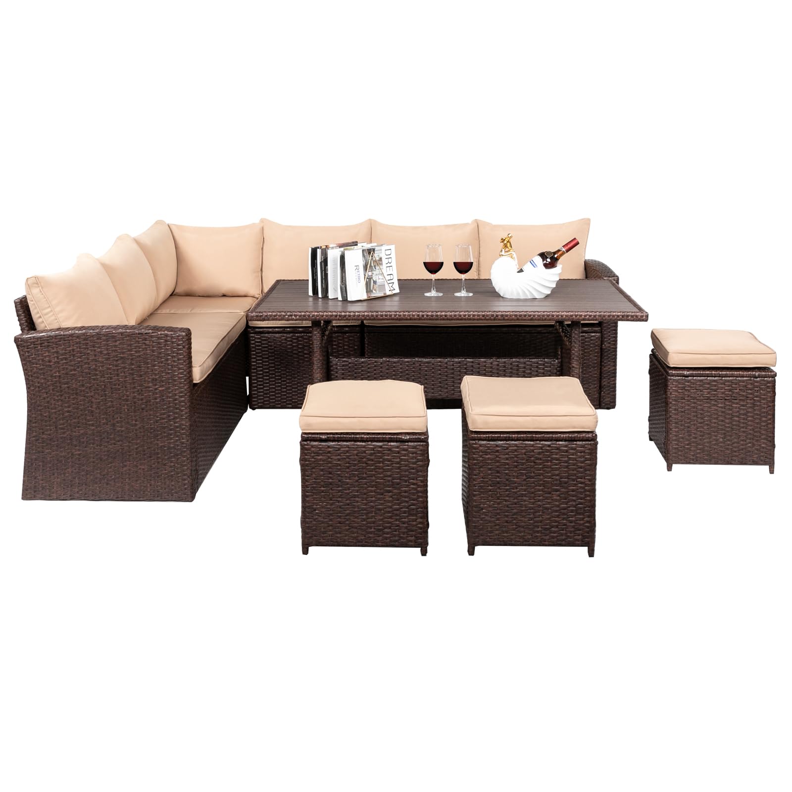 VINGLI 8 Pieces Outdoor Patio Furniture Set with Dining Table&Chairs, Wicker Patio Dining Set for 8, All Weather Outdoor Sectional Sofa Conversation