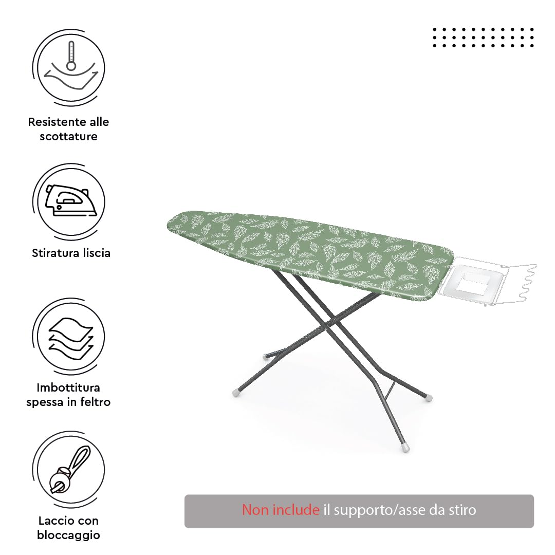 Encasa XO Di Ricambio Copri Asse Da Stiro Con Imbottitura In Feltro Da 3 mm, Coulisse Di Serraggio (Si Adatta A Schede Medium Di 125x39 cm) Riflettente Al Calore, Stampato - Grandi foglie verdi