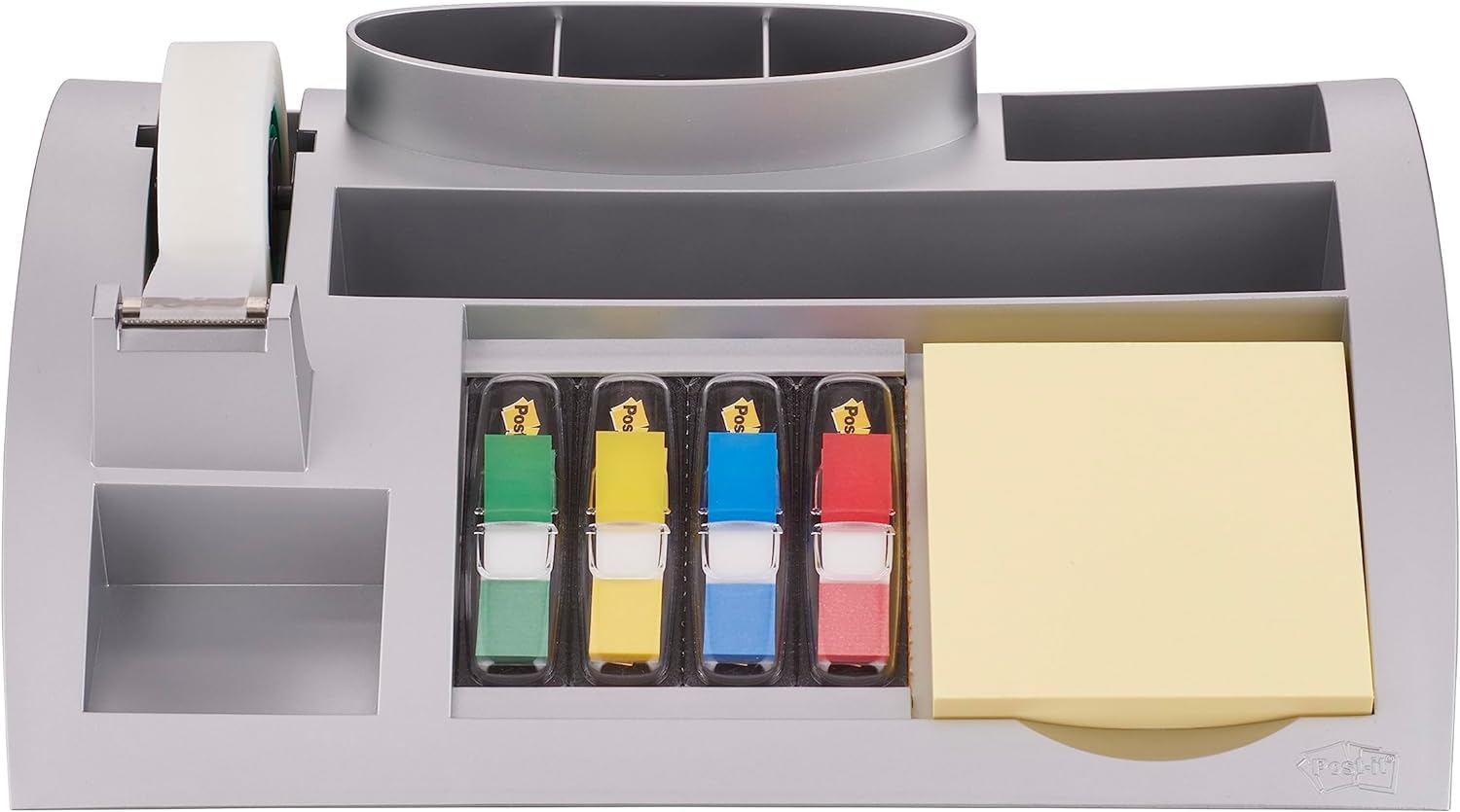 Post-It Organizador de Escritorio – Incluye 1 Bloc de Notas, 100 Hojas por Bloc, 4 x 35 Marcadores Index y 1 Cinta Adhesiva Scotch Magic – Dispensador de Notas – Portalápices – Color Plata