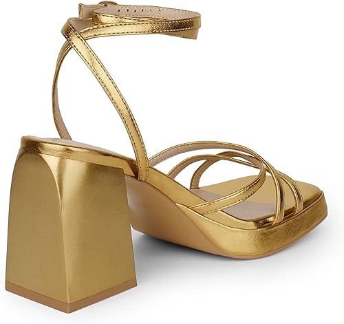 Vista 3 de ISNOM Tacones de plataforma para mujer, cómodos tacones de tiras de bloque corto, sandalias gruesas con correa al tobillo, sandalias simples