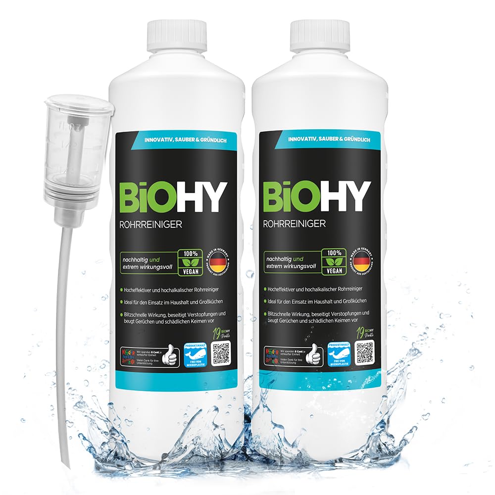 BiOHY Desatascador (2 botellas de 1 litro) + Dosificador | Líquido, limpiador de desagües altamente concentrado | Inodoro, Para todos los bloqueos | EXTRA FUERTE (Rohrreiniger)