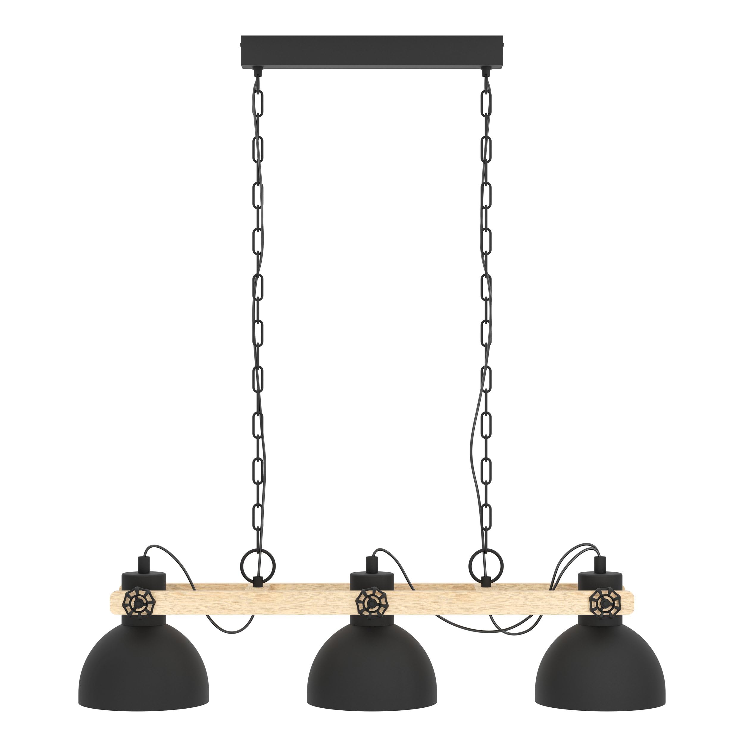 Eglo lampada a sospensione Lubenham, Lampada Vintage a tre dal design | industriale, lampadario retrò in acciaio e legno, nero, marrone, E27