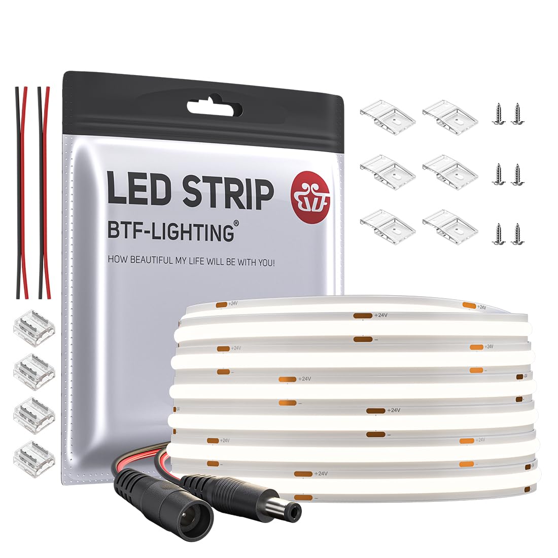 BTF-LIGHTING FCOB COB Striscia LED flessibile ad alta densità uniforme 8W/m 10M DC24V Bianco naturale 4000K CRI 90+ 8mm Larghezza Nastro LED dimmerabile per decorazioni (senza adattatore o controller)