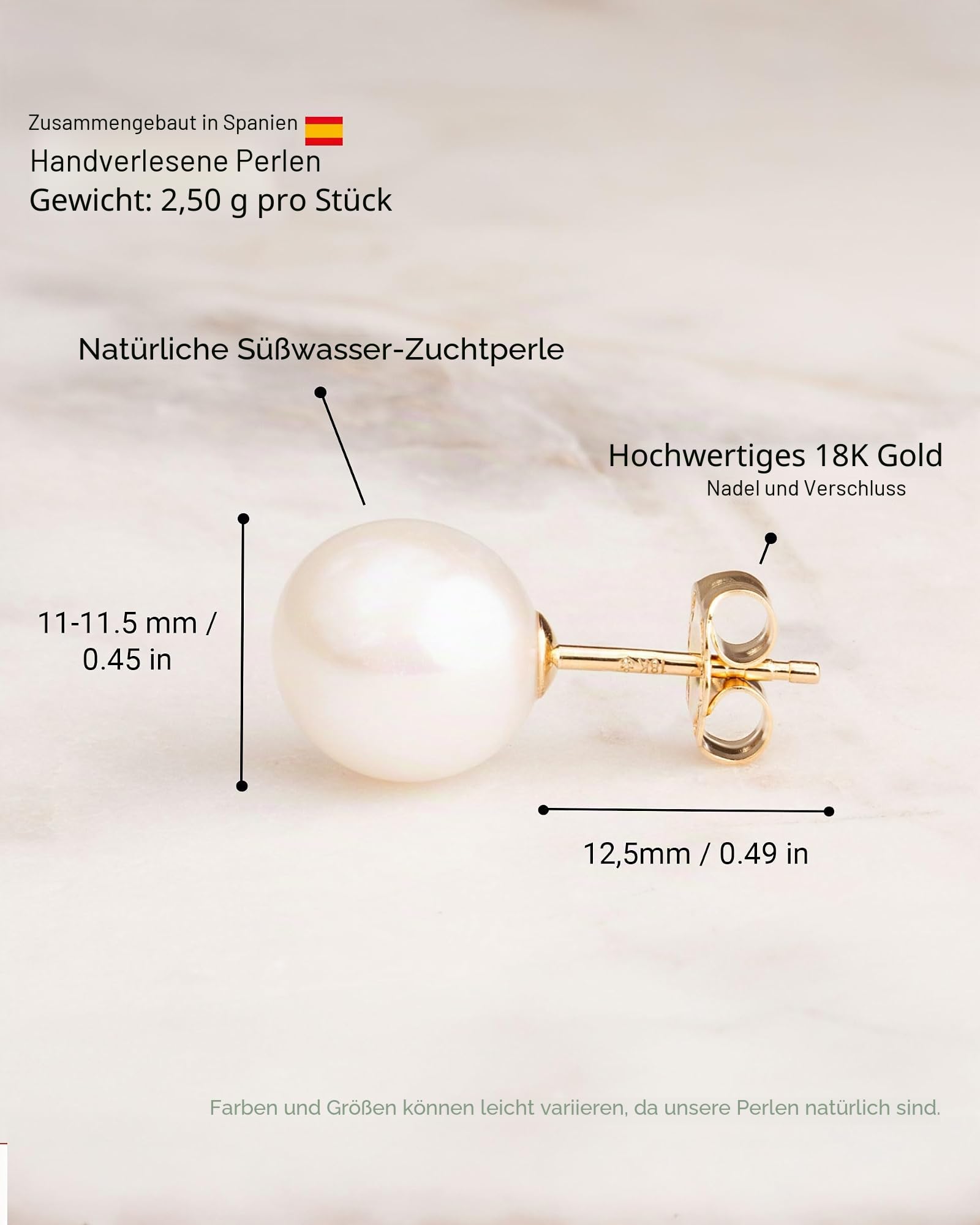 Damen-Perlenohrringe mit runder Süßwasser-Zuchtperle von SECRET & YOU | Erhältlich in 6 Größen von 6-6,5 mm bis 11-11,5 mm | In 750er Gold 18 Karat oder in rhodiniertem 925er Sterlingsilber