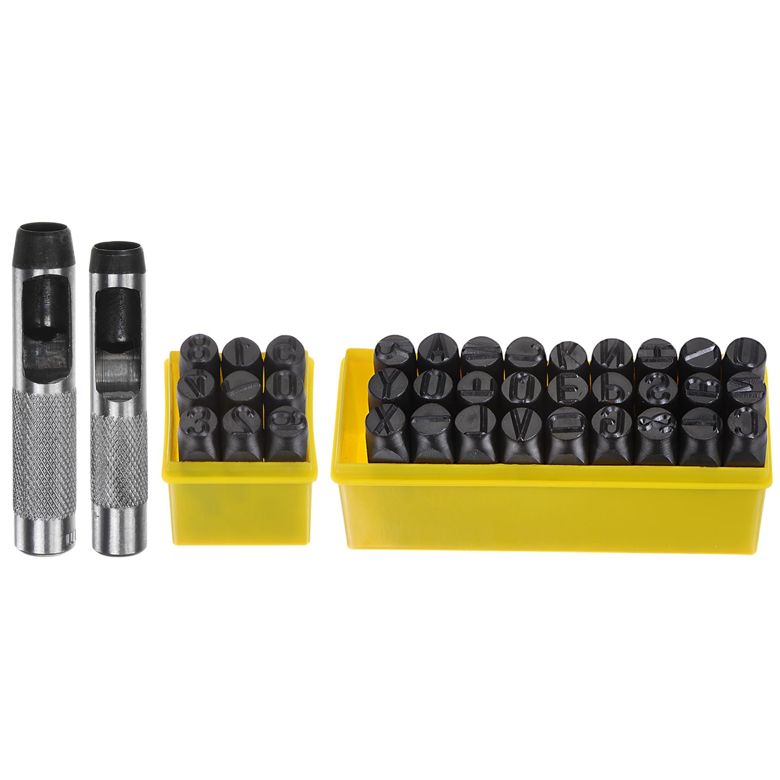 Kit de estampado de metal de 1/2 pulgada, juego de 36 sellos de letras de acero con 2 herramientas de perforación, incluye alfabeto A-Z, número 0-8 y símbolo, para manualidades de metal,