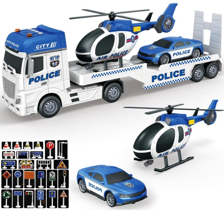 Mostop Police Truck Toy 25.6" Large Semi Truck with Racing Car and Helicopter, Kids Police Car Toys with Light & Sound, 28PCS Traffic Signs,Cars Toys Birthday Gift for Boys Girls Age 3 4 5 6 7 8