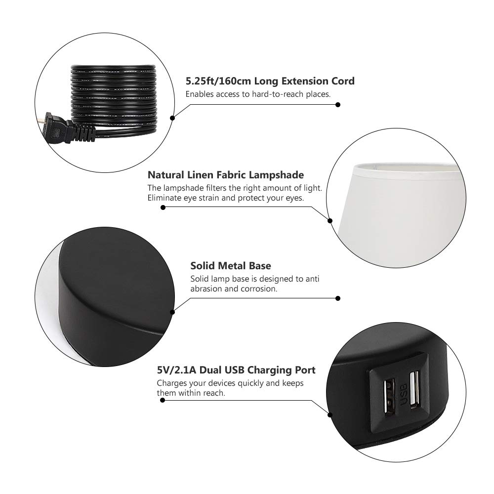 Lámpara de mesita de noche, lámpara de mesa con doble puerto USB de carga rápida, lámpara de noche de 2 piezas con pantalla minimalista de tela blanca, lámpara de mesa perfecta para estudio, oficina