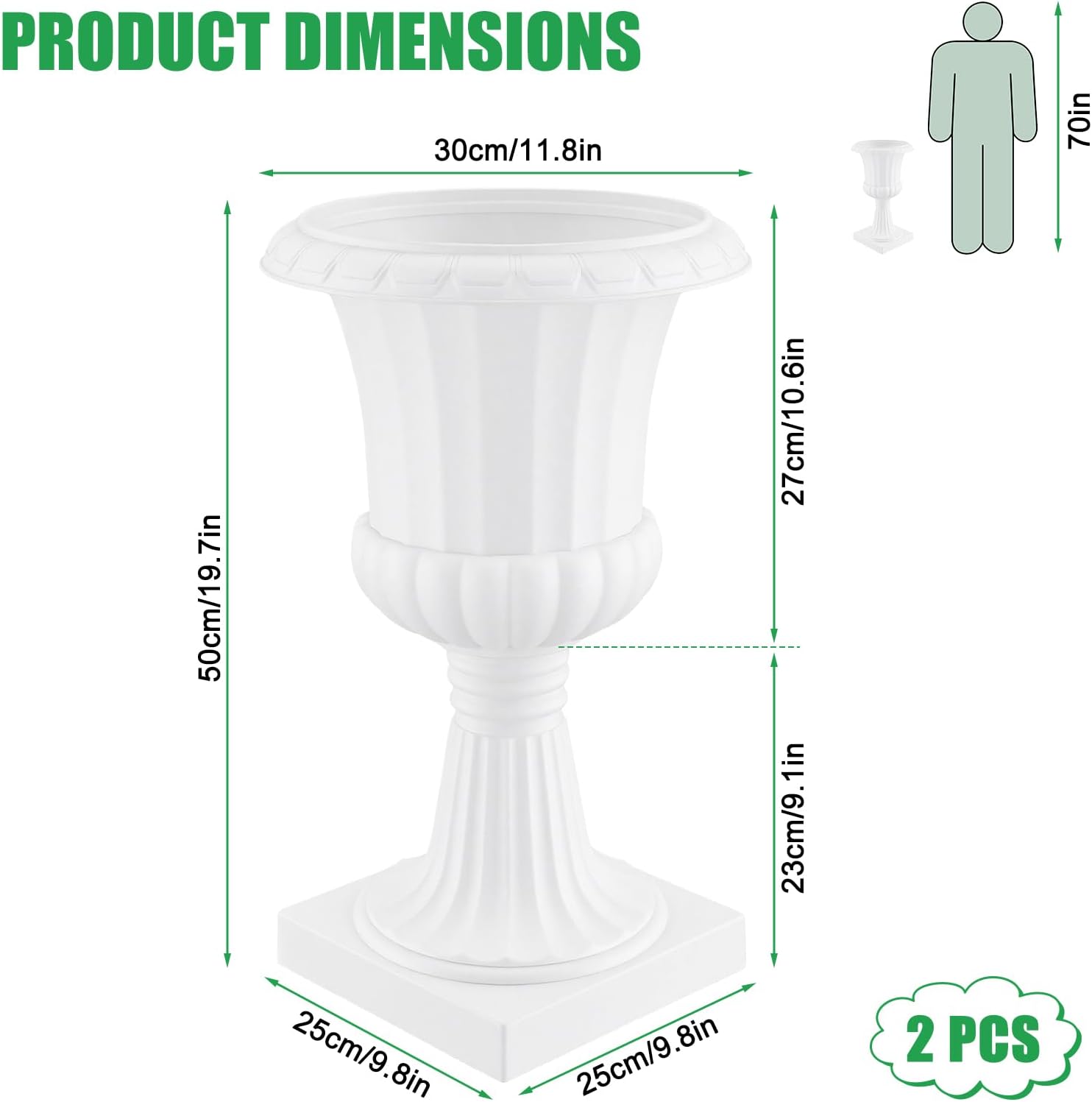 2-Pack Plastic Urn Planter 19.7" Round Classic Flower Pot,Front Porch Planters with Drainage Holes & Pedestal for Garden, Patio, Front Porch, Entryway, Walkway, Wedding, Indoor Outdoor (White)