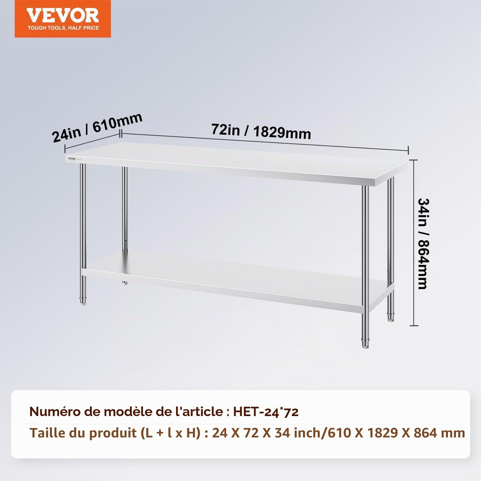 VEVOR Table de Travail en Acier Inoxydable 61x182,9x86,4 cm, Table de Préparation des Aliments Charge 399 kg, 3 Niveaux de Hauteur Réglables, Meuble de Rangement des Aliments, pour Cuisine Restaurant