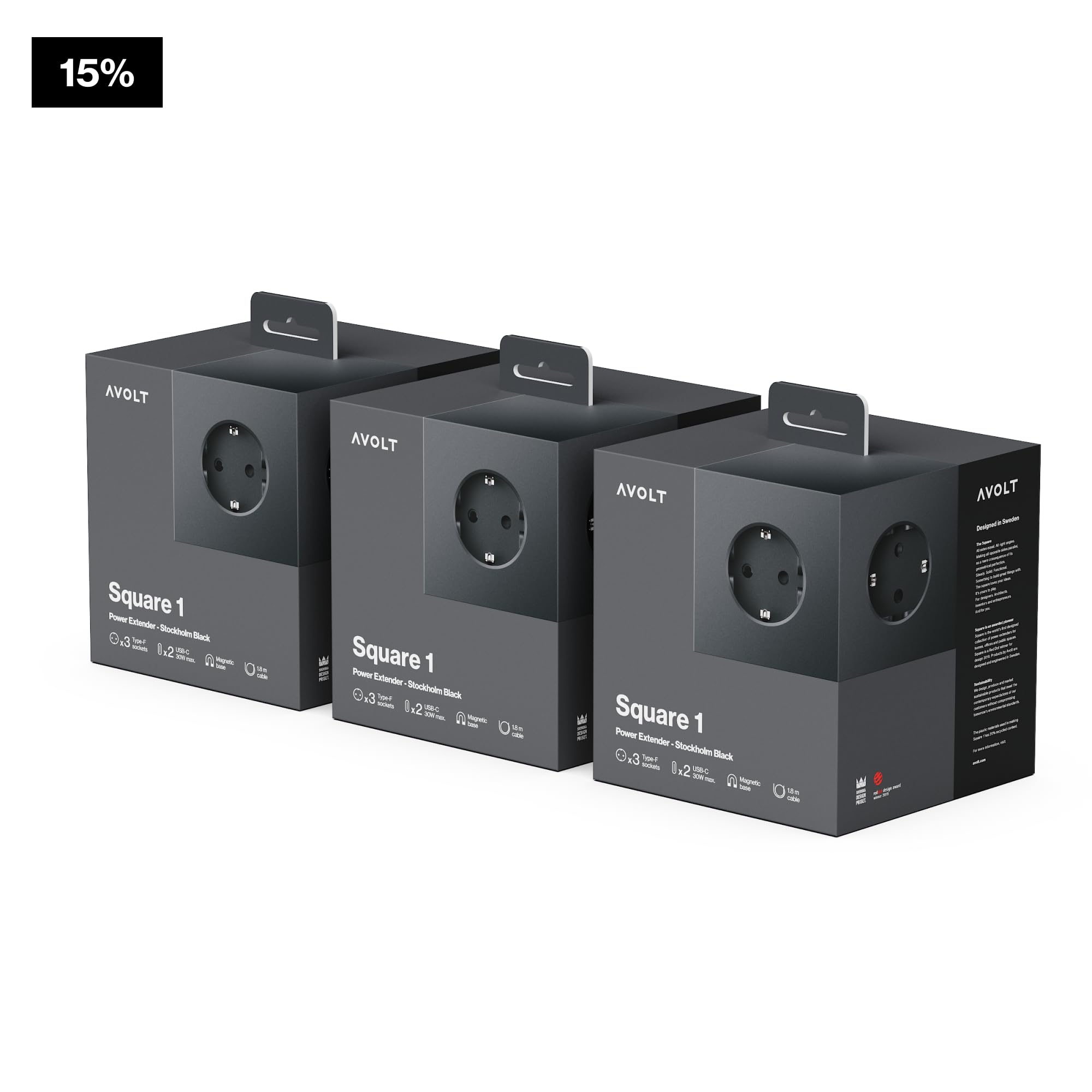 Avolt Square 1 Magnetischer Steckdosenwürfel, 3 Steckdosen, 2 USB-C Ports | Magnetfuß mit Klebepad, 3 Steckdosen, 2 USB-C Ports, Design Steckdosenleiste für Schreibtisch, Büro und Zuhause
